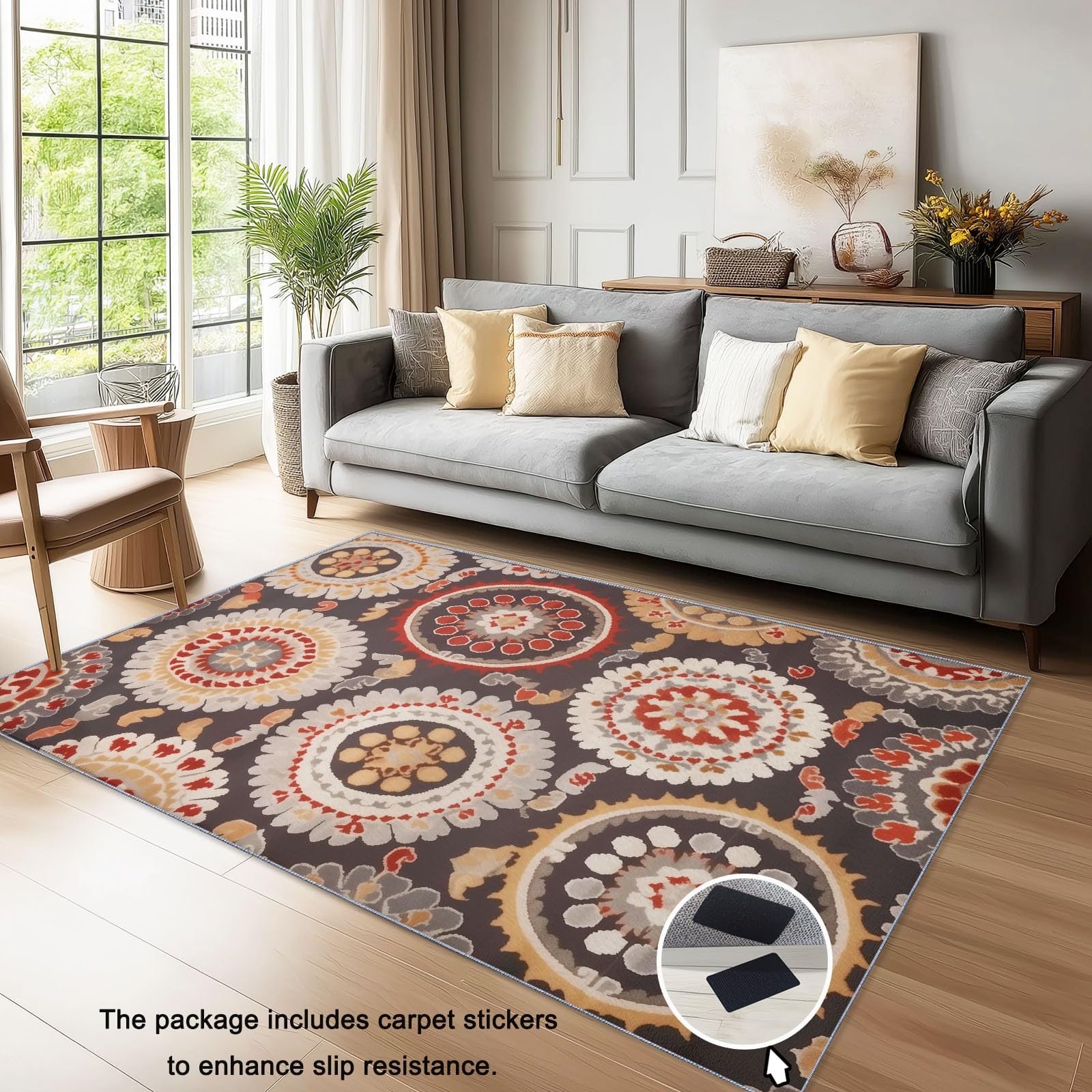 Générique Lavable Tapis Imprimé Marron Foncé - Traditionnel Floral Mandala Motif Moderne Flanelle Antidérapant Tapis, 160 x 230 cm Moquette Décoration pour Salon Chambre Cuisine