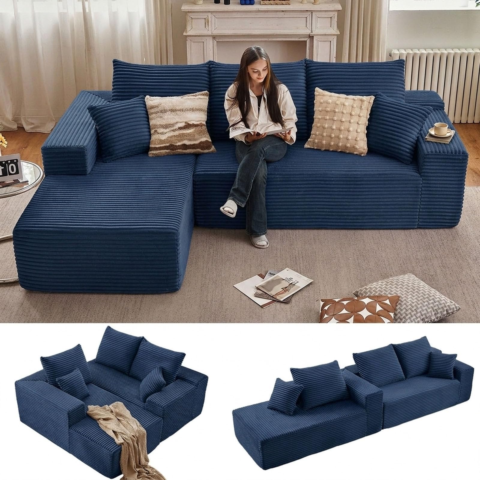 Sectional Couches for Living Room Cloud Couch Sofa with L-Shape Couch in a Box Upholstered Boneless Couchs Modern Modular Sectional Couch with Chaise (Blue,B-3 Seater-Left-Facing Chaise-96 inch)