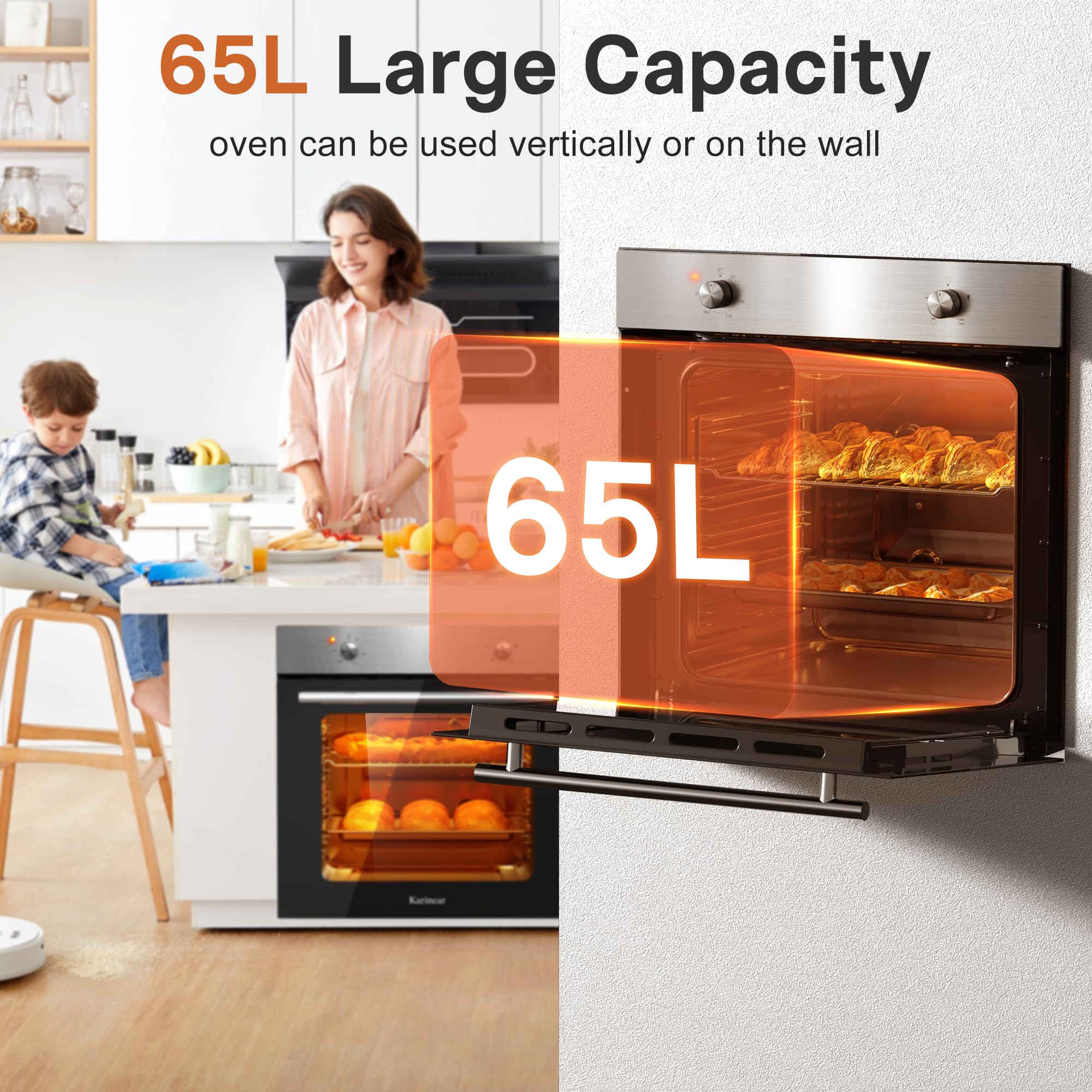 Karinear Electric Oven 65L Single Oven Built in Oven Knob Control wtih 5 Functions 2200W Plug and Play 220V Silver 60cm Wide — view 5