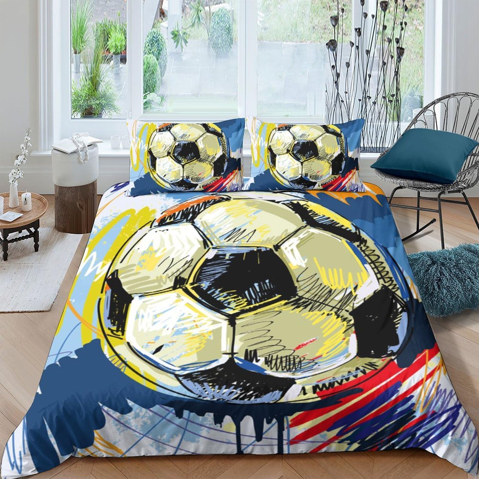 Ctjqhvkz Style-3 3D Printed Graffiti Soccer Fitted Sheet Microfiber Soft Blue Yellow Abstract Bed Cover For Bedroom Guest Room Decor Single（135X200cm）