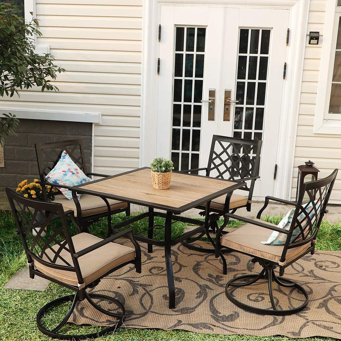 PHI VILLA Gartentisch Esstisch Terrassentisch 94x94 cm Balkontisch, Outdoor Schirmtisch mit 4 cm Regenschirmloch, Stahlrahmen, Premium Holzähnlicher Metall Tischplatte für Terrasse, Rasen, Garten