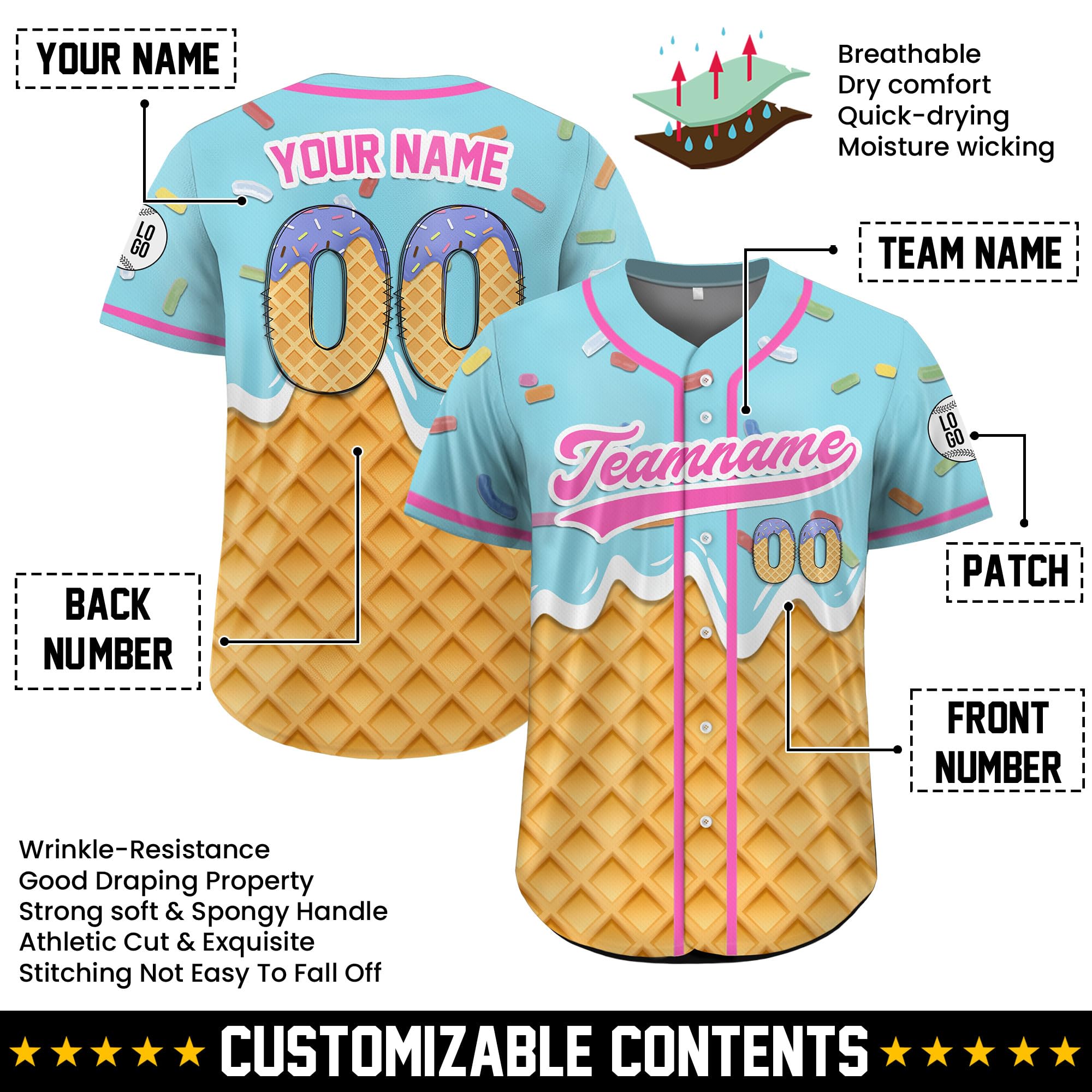 Custom Baseball Jersey – Personalized Name, Number & Logo, Drip Blue Ice Cream Baseball Jersey Summer Holiday for Men, Women, Youth, Toddlers