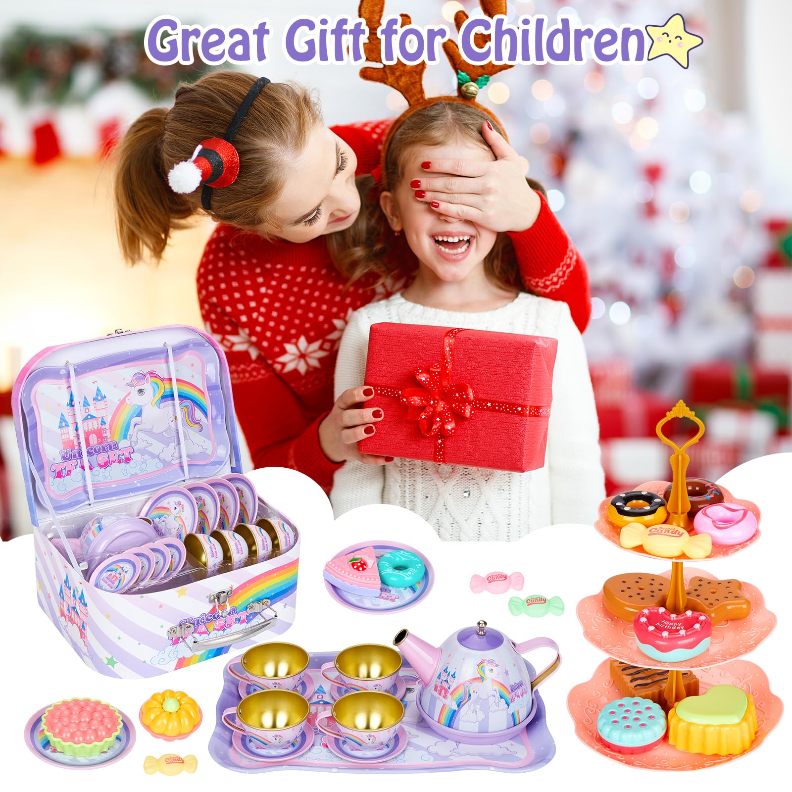 Set da tè per bambini, 33 PCS Set Cucina Bambini da Festa del tè con Vassoio per Cibo e Dessert Teiera Accessori da Cucina per Bambini Ragazze Gioco di Finzione,Unicorno