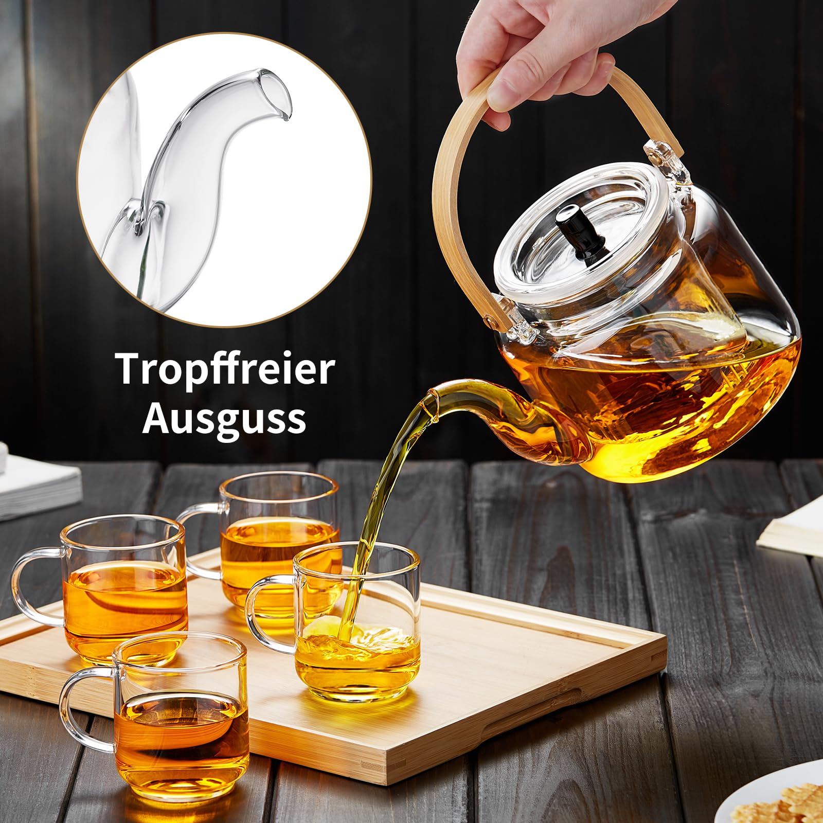 MESNEY Teekanne mit Siebeinsatz 1100ml – Teekanne Set mit 4 Tassen – Borosilikatglas Glaskanne Tee für losen Tee – Hitzebeständig und Tropffrei