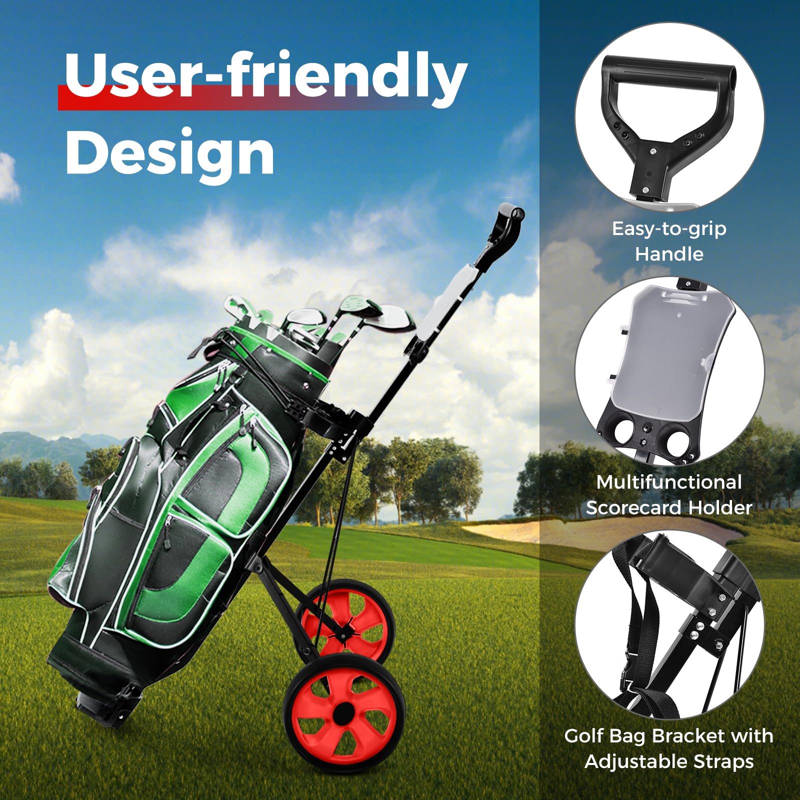 FANTASK Golf Trolley 2 Rad, Golftrolley klappbar, Golfwagen aus Stahl mit Anzeigetafel, Golf Push Cart für Anfänger