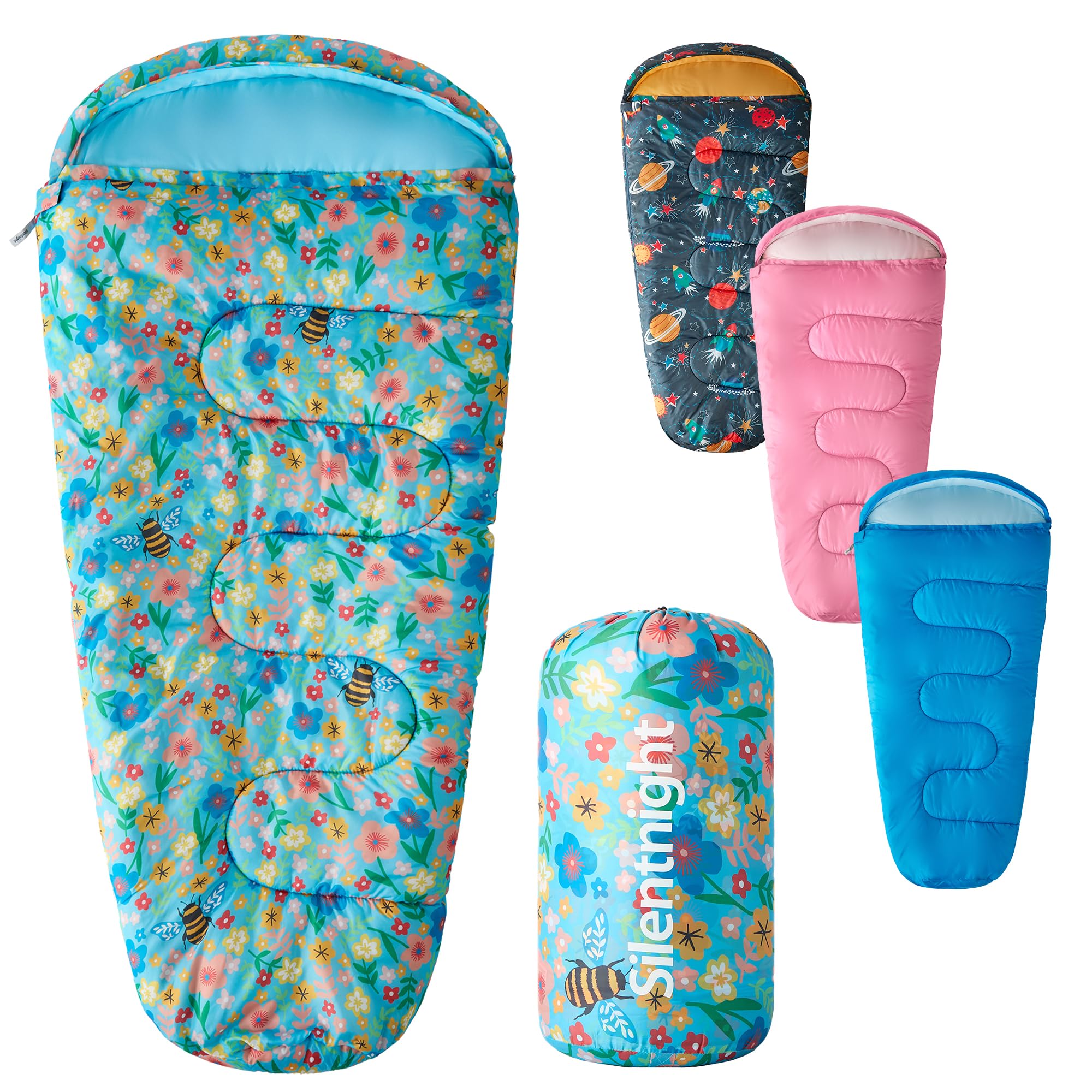 Silentnight Kids Sleeping Bag - Girls Boys 3 Season Mummy Sleeping Bag Ideal for Spring and Summer with Soft Touch Warm Cosy Fabric and Fibres - Machine Washable - 165 x 82cm - Floral Bees