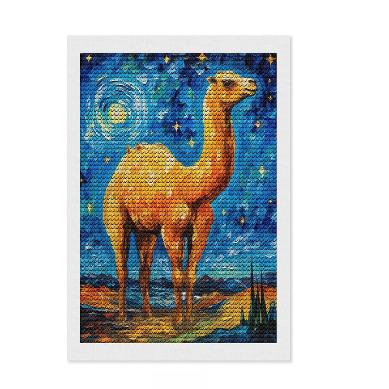 Junmoney The Starry Night Camel Diamond Painting Canvas Kit 8"x12", Christmas Gift, for Women, with Tool Kit, Relaxing Handmade Project