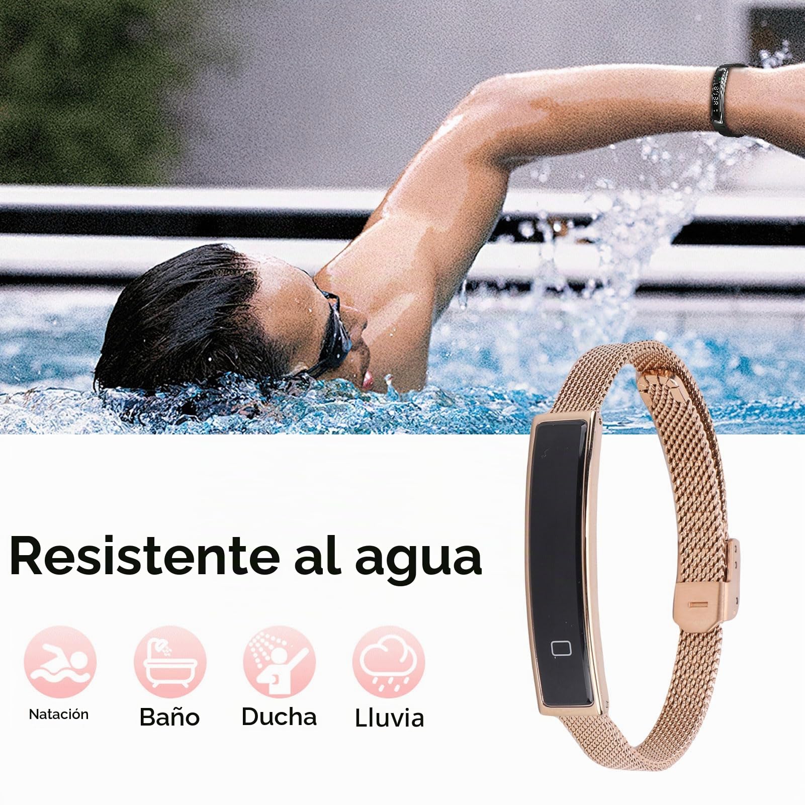 VBESTLIFE Pulsera Inteligente Rastreador de Ejercicios, Contador de Pasos para Mujeres y Hombres, Recordatorio de Llamadas Bluetooth 5,3, Obturador Remoto del Teléfono, a Prueba de Agua (Gold)