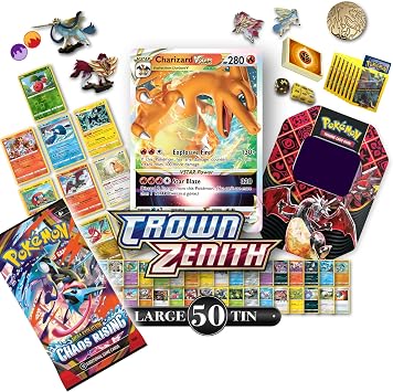 Collectors Pokemon Sword&Shield Mega Tin + FREE BOOSTER PACK! w/ 50 Pokemon cards incl. 10x Holos | 1x Ultra Rare Sword&Shield Card | Collectors pins + figures! | 50x Sleeves, + more | Poke Bruvs