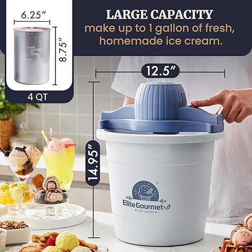 Miniatura 7 de Elite Gourmet Máquina de helados eléctrica de 4 cuartos EIM350X delicioso helado casero, gelato, sorbete, yogur congelado, recipiente de congelación