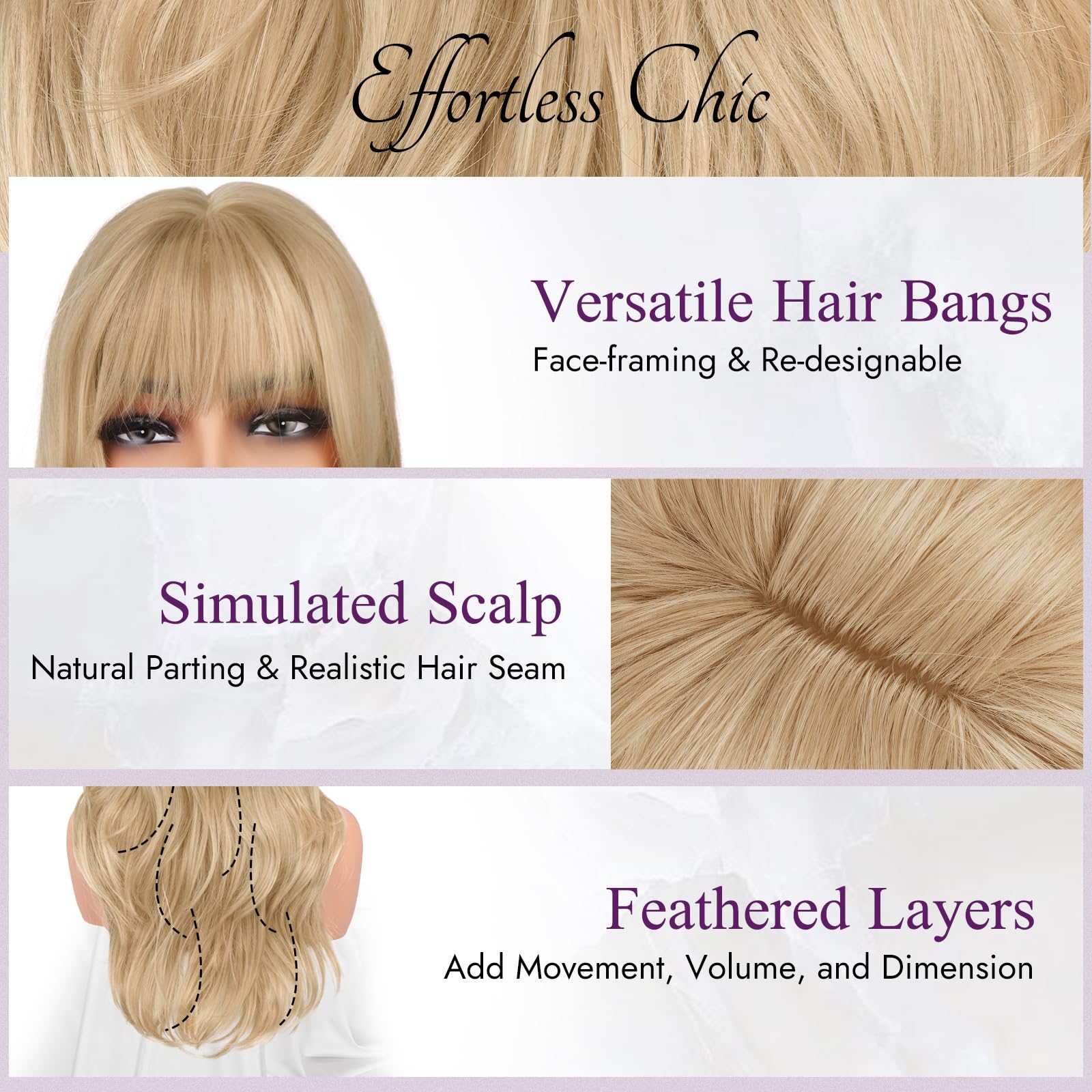 BARSDAR Beige Blond Perücke mit Pony, 50cm Layered Blond Perücke mit Bangs für Frauen Natürliches Aussehen Weiche Gewellte Synthetische Perücken Glattes Haarschnitt Fringe Tägliche Party Halloween
