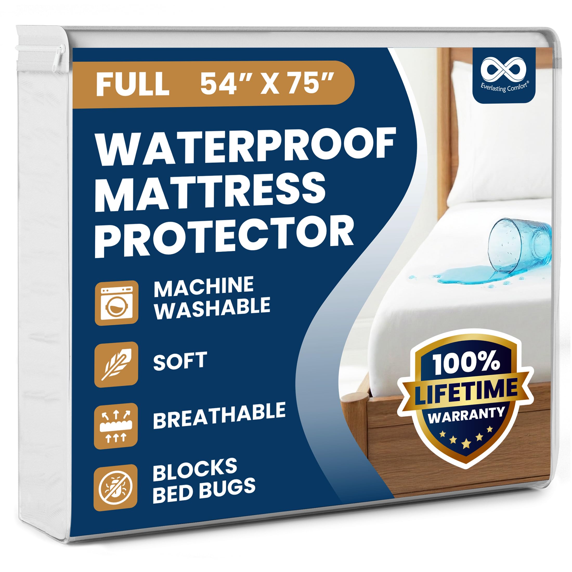 Everlasting Comfort Premium Full Size Mattress Protector - Waterproof Hypoallergenic Noiseless Design Washable Cover 18 Deep Pocket Bed