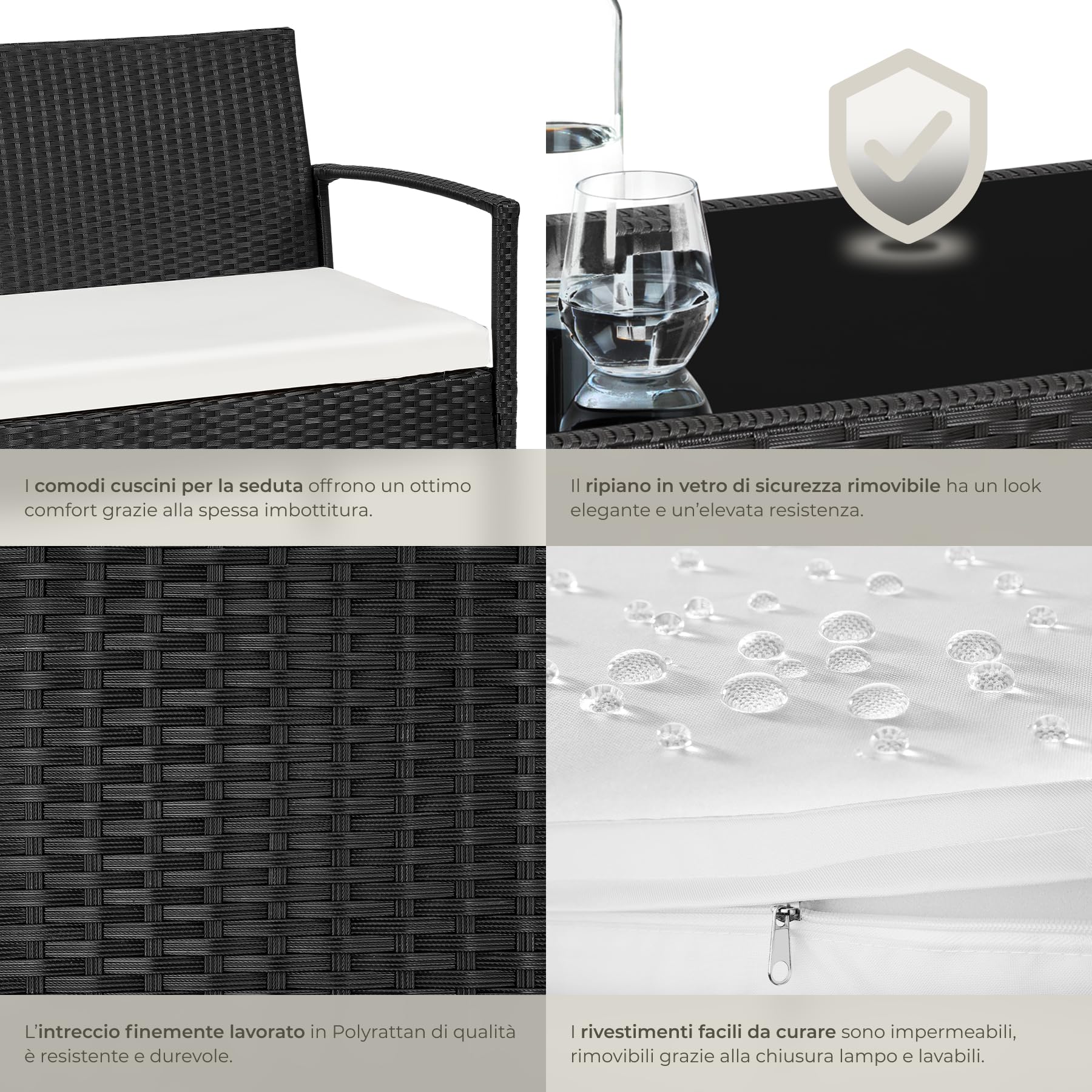 Set Giardino Rattan Sparta - Sedie, Panchina E Tavolino Con Vetro, Cuscini Idrorepellenti - Foto 13