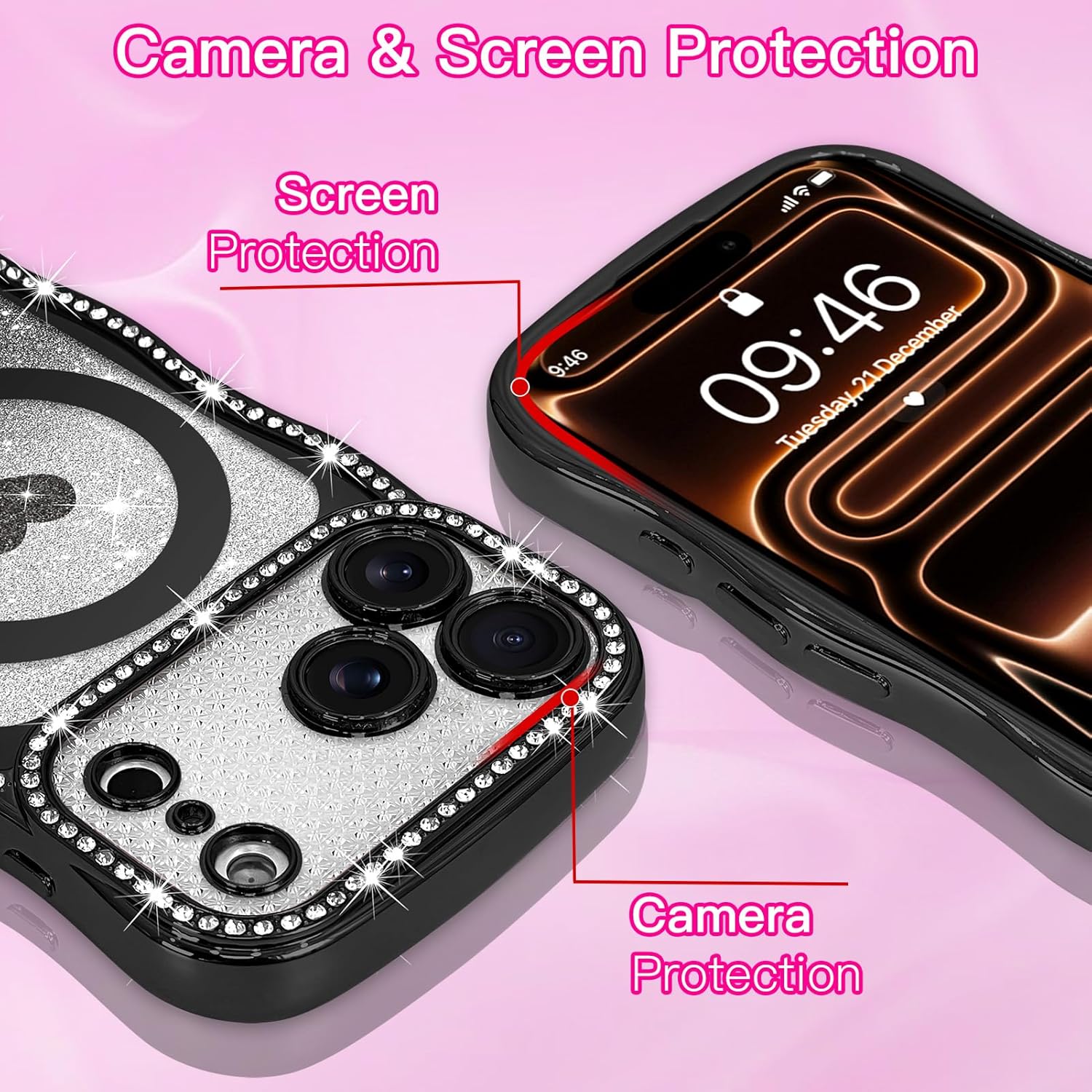 AIGOMARA Magnetic for iPhone 17 Pro Max Case, Compatible with Magsafe, Curly Wave Edge, Cute Love Heart Plated Glitter Bling Rhinestone for Women Girls, Soft TPU Camera Protection Phone Cover, Black