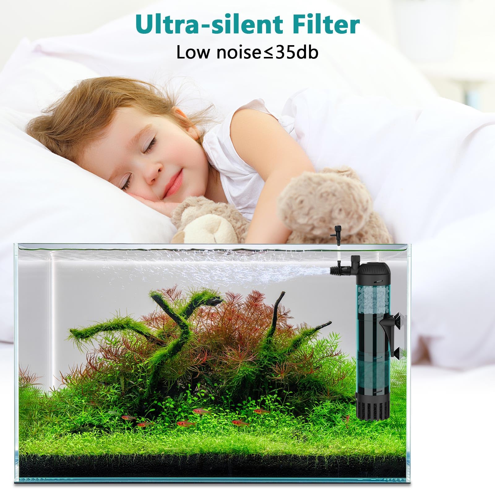 AQQA Aquariumfilter, 600 l/h, starker Durchfluss, 8 W, leise Aquarium-Filterpumpe mit 3-stufiger Filtration für Tanks bis zu 200 l