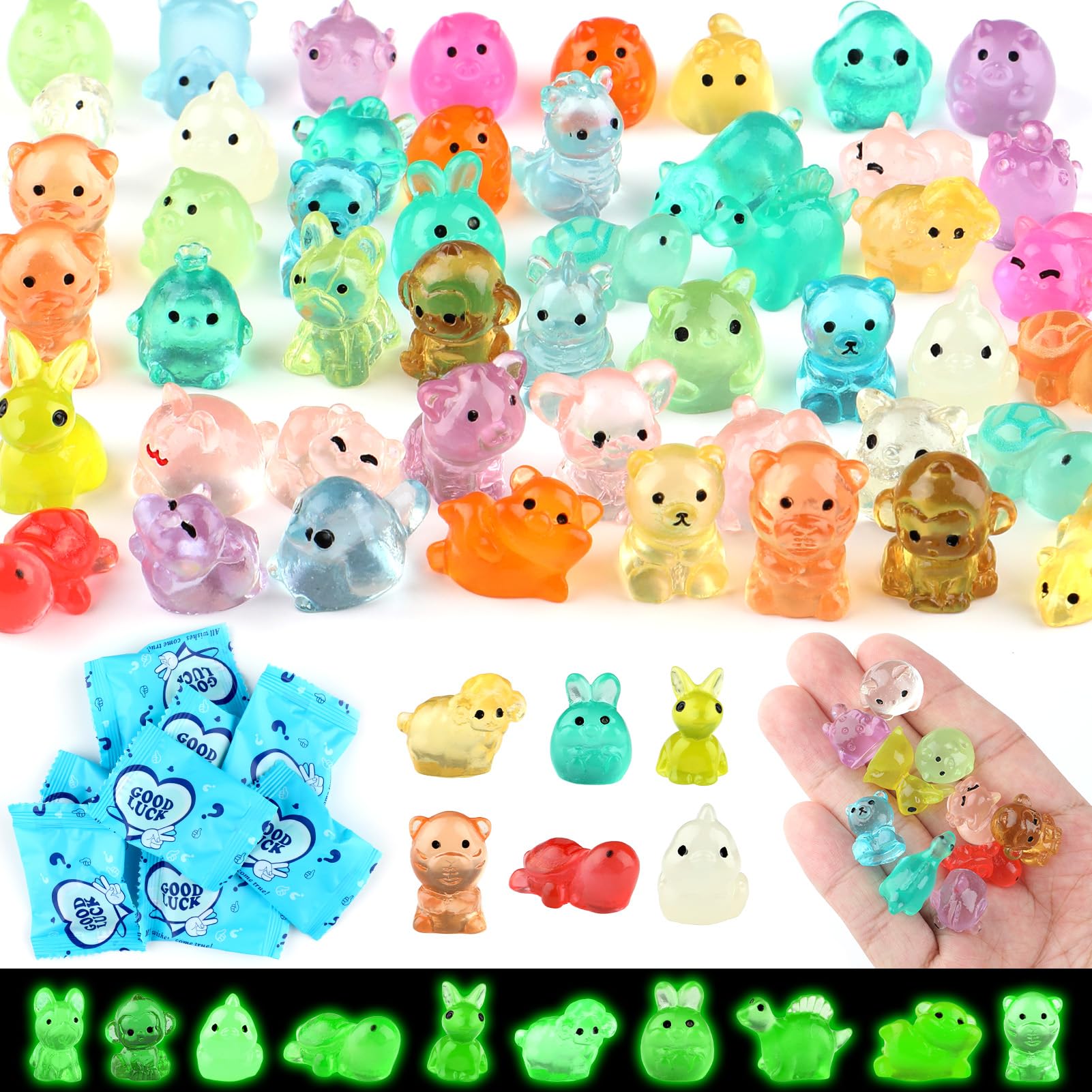 Aihoom 50Pcs Mini Resin Animals Mixed Blind Bags, Mystery Blind Bags with Luminous Tiny Animal, Glass Animals Figures Mini, Random Little Plastic Animals for DIY Crafts, Fairy Garden, Party Favors