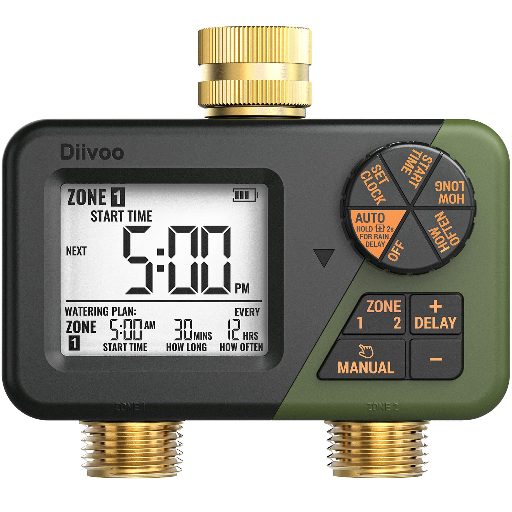 Diivoo Brass Sprinkler Timer 2 Zone, IP66 Waterproof Programmable Water Hose Timer 2 Outlet with Large Display, Rain Delay & Manual Watering for Outdoor Automatic Irrigation of Garden, Lawn, Yard