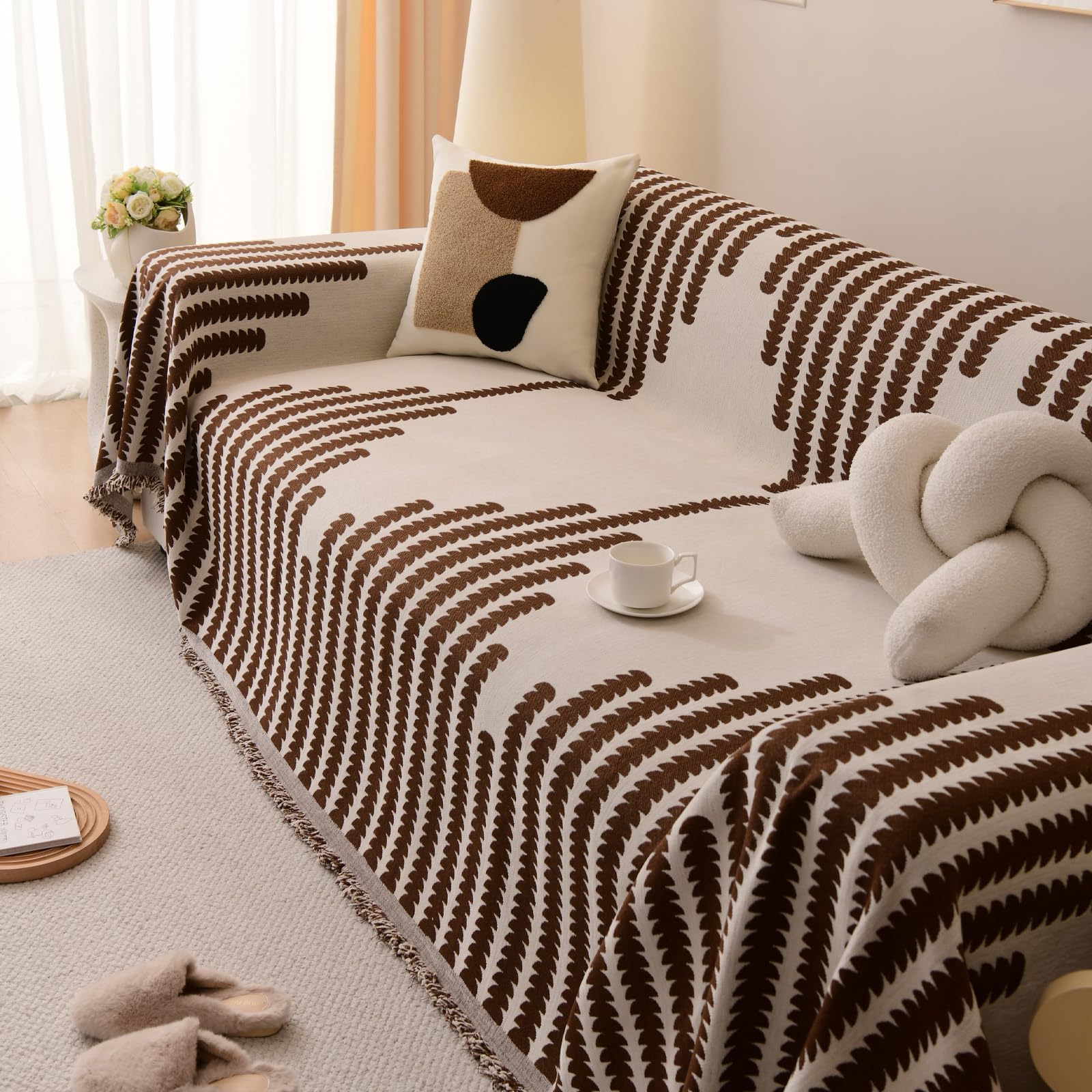 SHANNA Line Sofa Cover for 2 3 4 Seater, Cotton Blend Velvet Slipcover for Corner L Shaped Sofa, All-Season Protection Couch Cover, Furniture Protector Loveseat Futon Bed Cover with Non-slip Bottom — image 1
