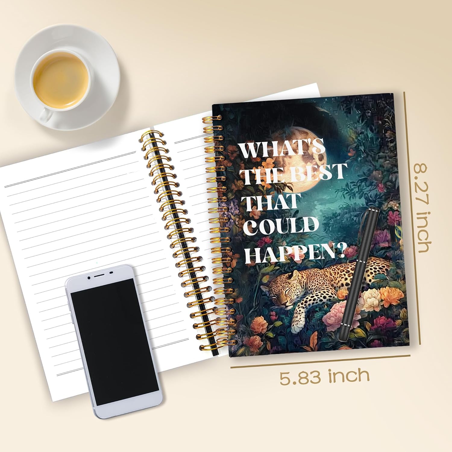 WARDOS Trendy Leopard Inspirational Nature Notebook Journal 5.5x8.3, What's the Best That Could Happen Motivational Notebooks for Note Taking, Moonlit Night Floral Cheetah Spiral Journal image 2