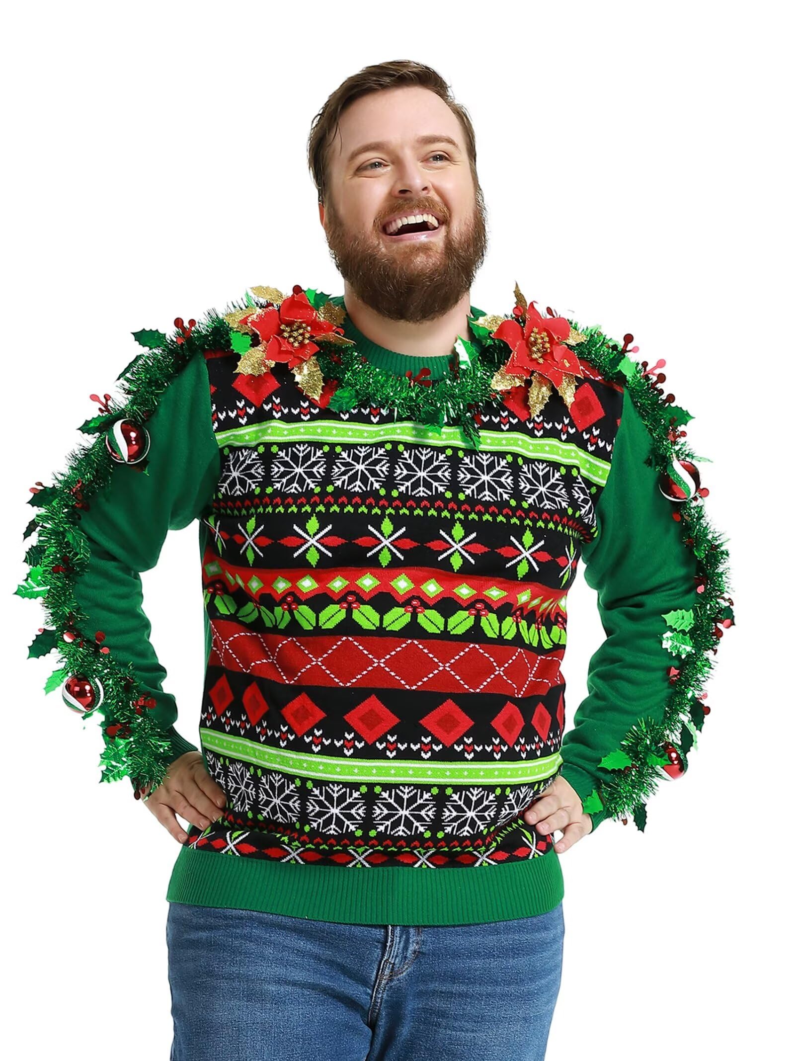 Suéter feo de Navidad unisex para hombre, divertido suéter de punto con patrón clásico Fairisle 3D, Festive Arm Candy, X-Large