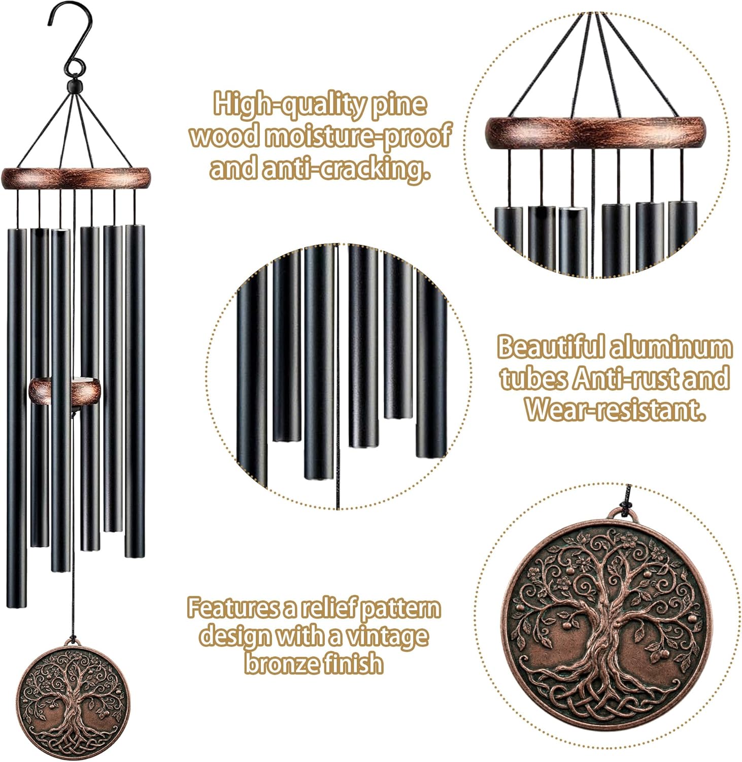 Tree of Life Wind Chimes for Outside, Deep Tone Memorial Windchimes Outdoors with Black Metal Tubes, Large Wind Chime for Patio Porch Garden Yard, Condolences Sympathy Gifts for Loss of Loved One