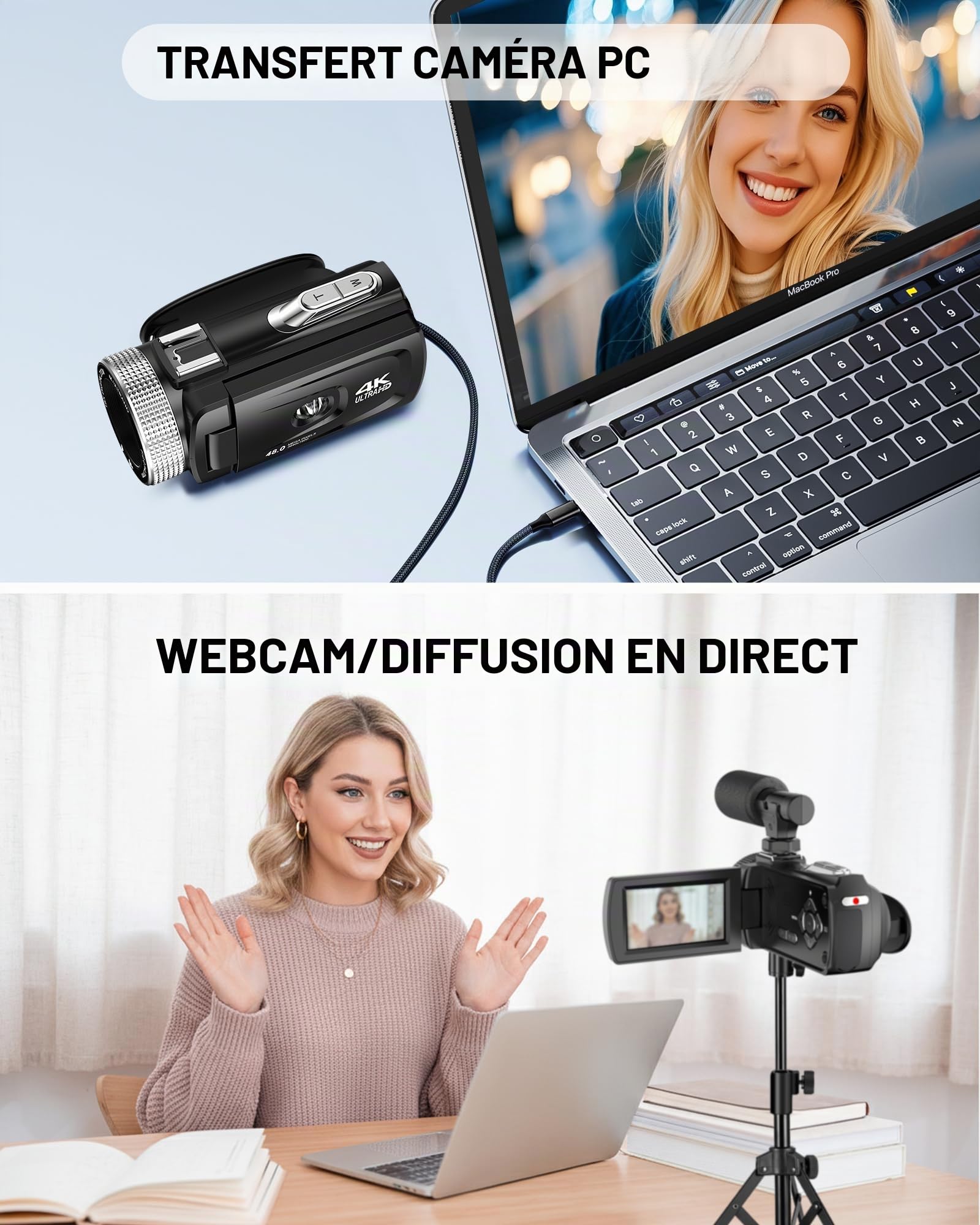 Caméscope 4K 30FPS Caméra Vidéo 48MP, Zoom Numérique 18X Camescope, Écran LCD de 3"Rotatif à 270° Camera Vlog pour Youtube, Camcorder Video Camera avec Carte Mémoire 32 Go, Télécommande, Mic, 2 Piles