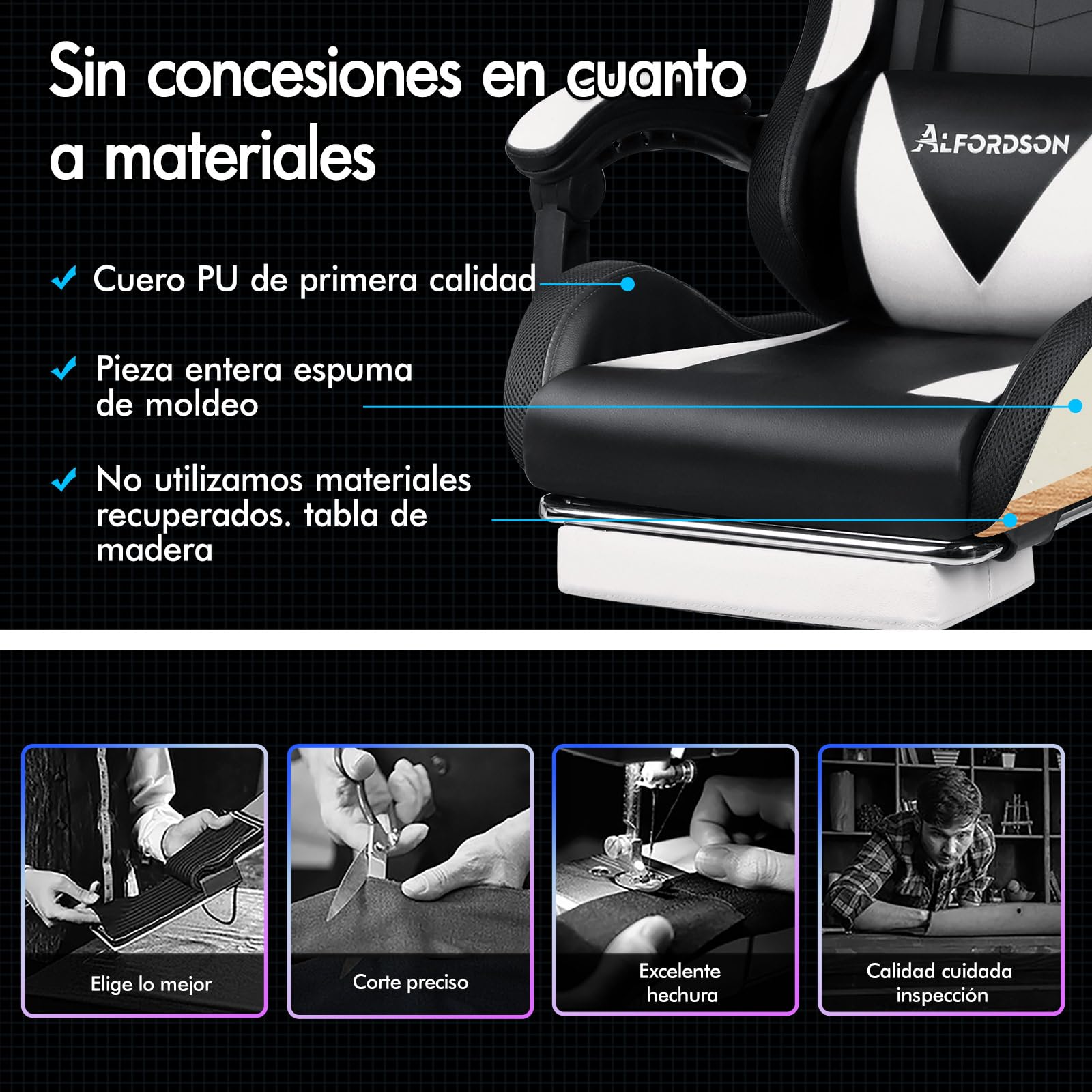 ALFORDSON Silla Gaming con Masajeador y Luces LED, Silla Gamer Ergonómica para Escritorio, Altura Regulable Cadeira con Apoyo Lumbar y Reposacabezas, Respaldo Inclinable hasta 150°, Cuero PU(Blanca)