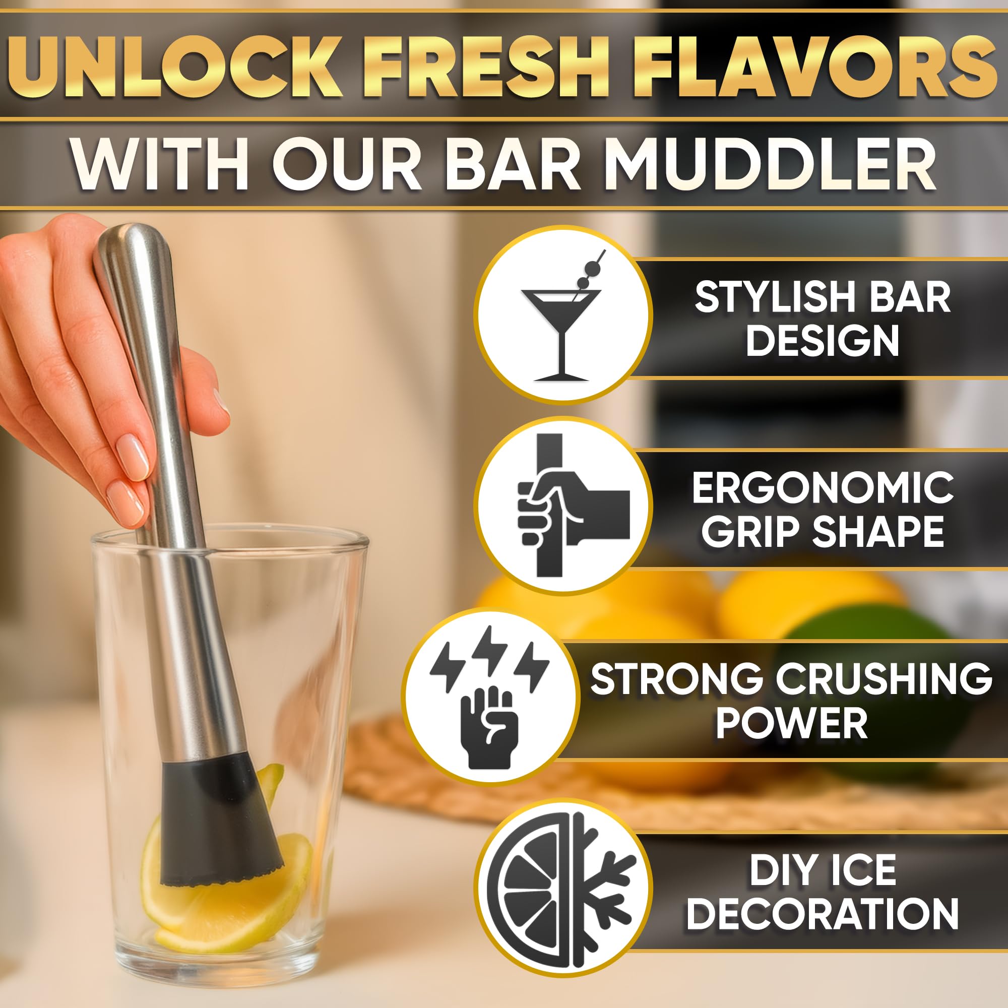 Muddler per cocktail - Strumento per cocktail da 20,3 cm con manico in acciaio inossidabile e testa scanalata in nylon - Frusta per bevande, mojito, menta, limoni, erbe, cocktail estivi e cocktail
