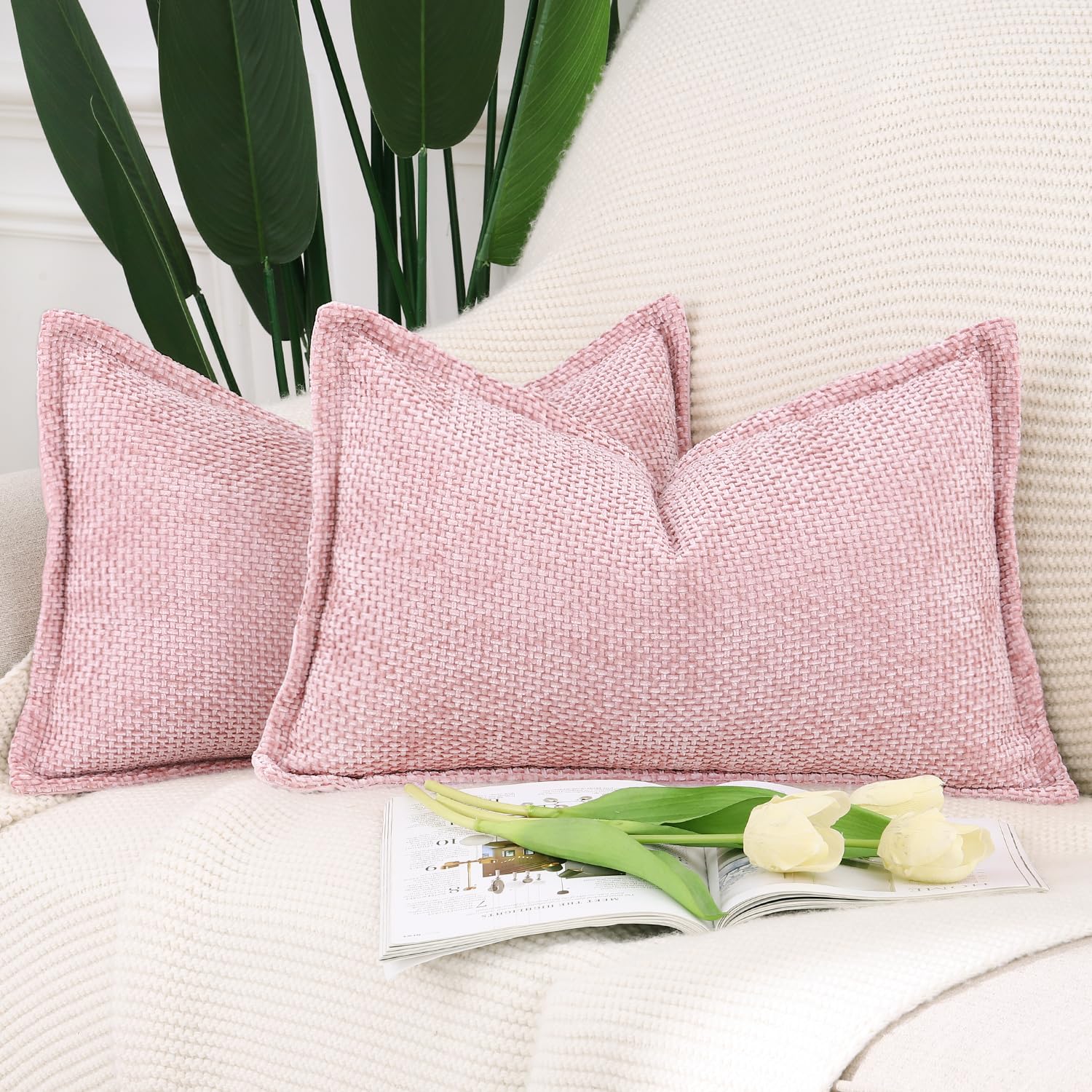 Madizz Set of 2 Chenille Velvet Cushion Covers with Flange Soft Boho Textured Throw Pillow Covers Broadside Pillowcases Modern Farmhouse Home Decor for Sofa Bedroom Pink 16x24 inch, 40x60 cm — image 1