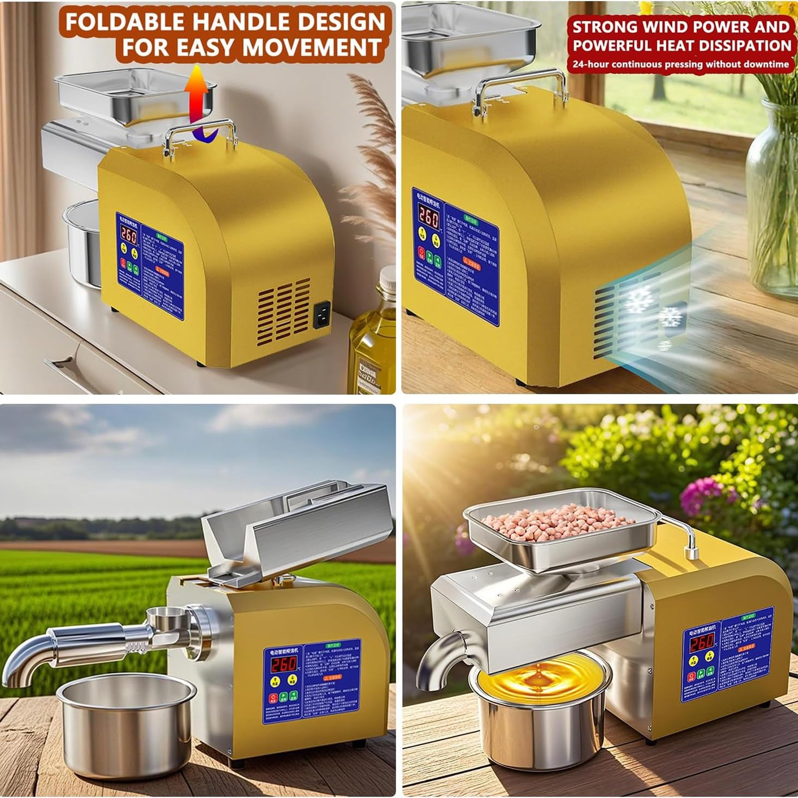 Prensa de Aceite Comercial automática, Extractor en frío y en Caliente, Pantalla Digital de Temperatura, Acero Inoxidable, para restaurantes, pequeños talleres y Uso doméstico.