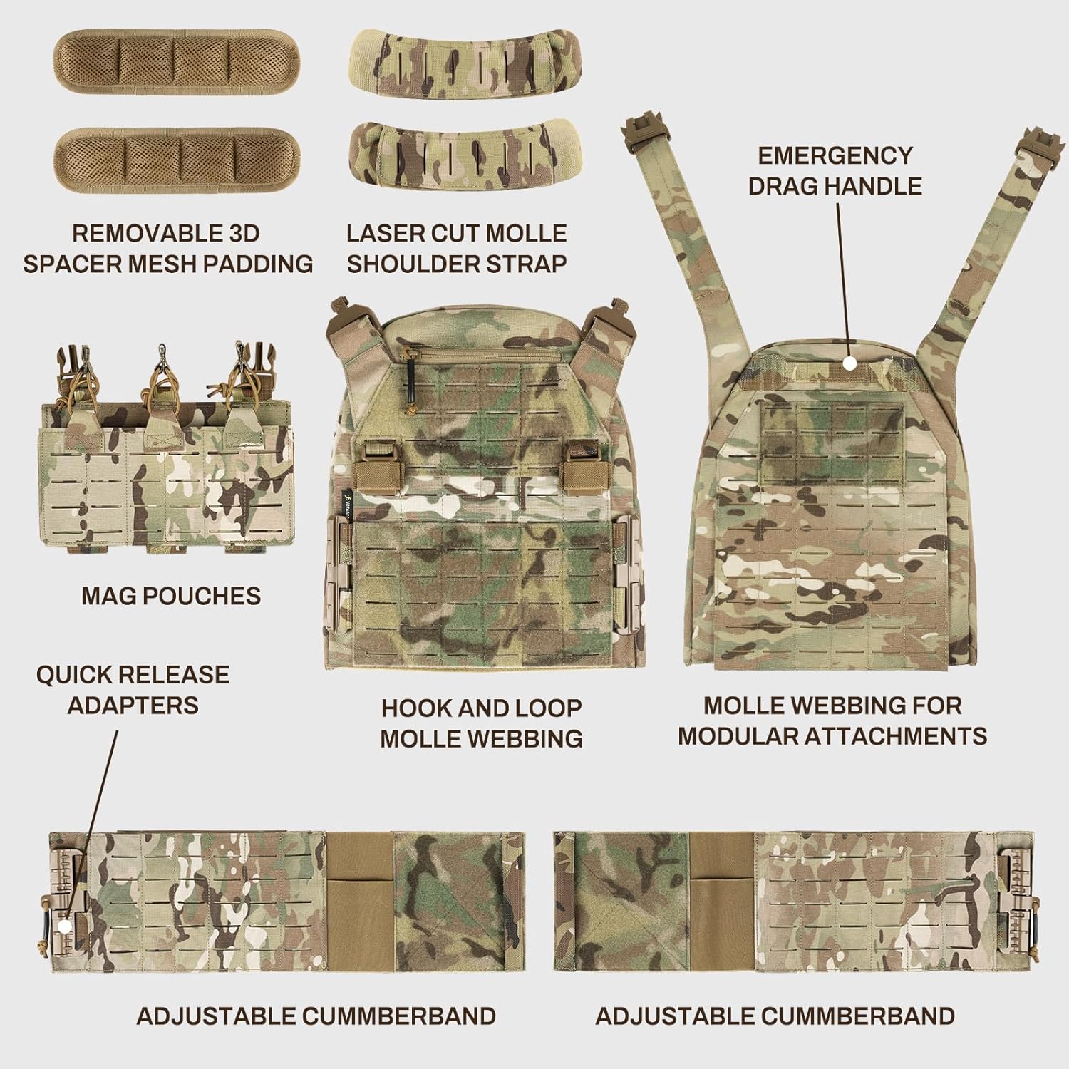 Tactical Vest Plate Carrier Military Airsoft Combat Training Gear Lightweight Quick Release Molle System