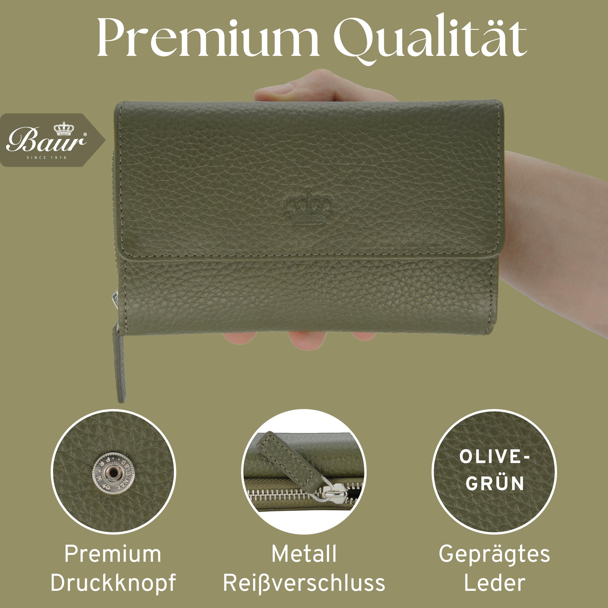 Baur - Große Damen Geldbörse aus echtem Leder mit RFID-Schutz (Olive-Grün) | Großes Portemonnaie, 14 Kartenfächer, Druckknopfverschluss, Münzfach mit Reißverschluss, geprägtes Rindsleder