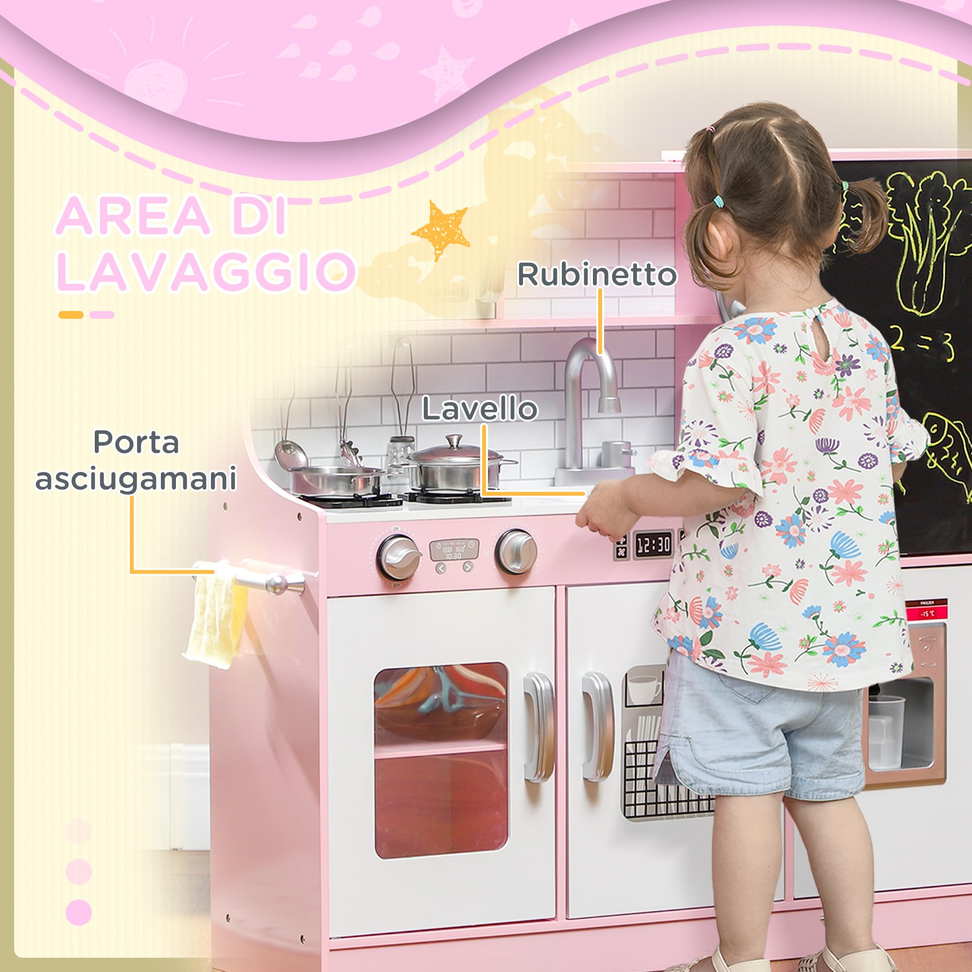 AIYAPLAY Cucina Giocattolo per Bambini, Cucina in Legno per Bambini, Cucinetta Giocattoli con Fornelli, Microonde, Macchina del Ghiaccio, Lavandino, Pentole e Accessori, 3-8 Anni, 84x27x81 cm, Rosa