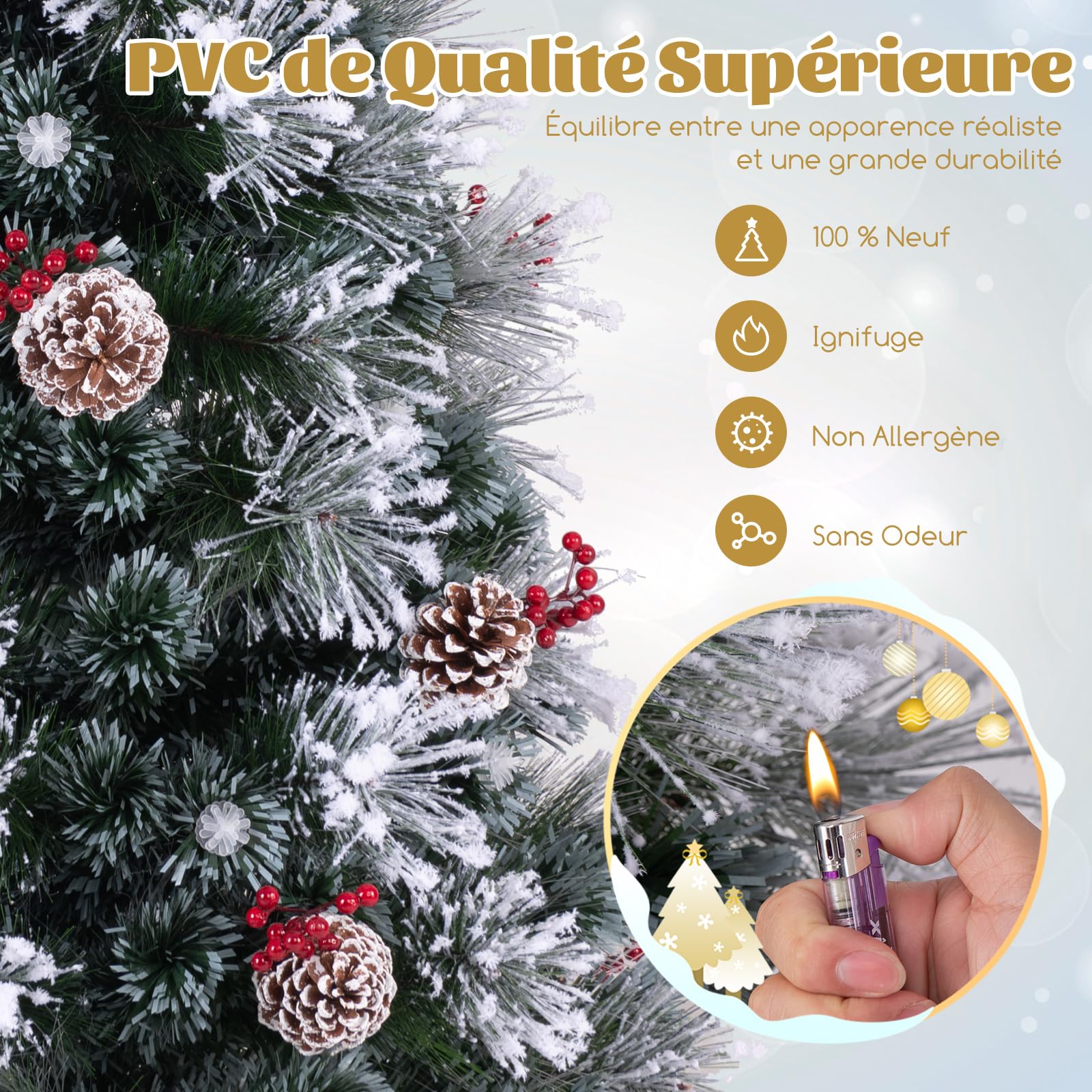 COSTWAY Sapin de Noël Floqué 150 cm, Sapin de Noël Artificiel Lumineux LED, 170 Pointes de Branches, 18 Grappes de Baies Rouges, 18 Pommes de Pin Naturelles, 49 Lumières LED, 8 Modes d'Eclairage
