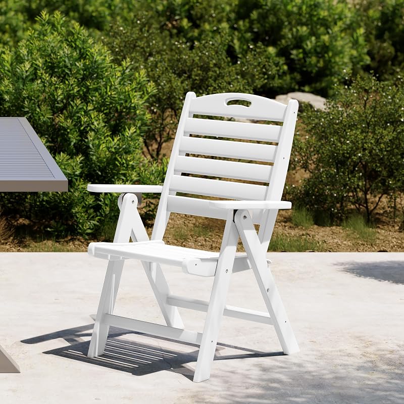 Outdoor Adjustable Highback Folding Patio Dining Chair, HDPE Armrest Poly Lumber Restaurant Bistro Dining Chair for Outside Porch Backyard Garden, White