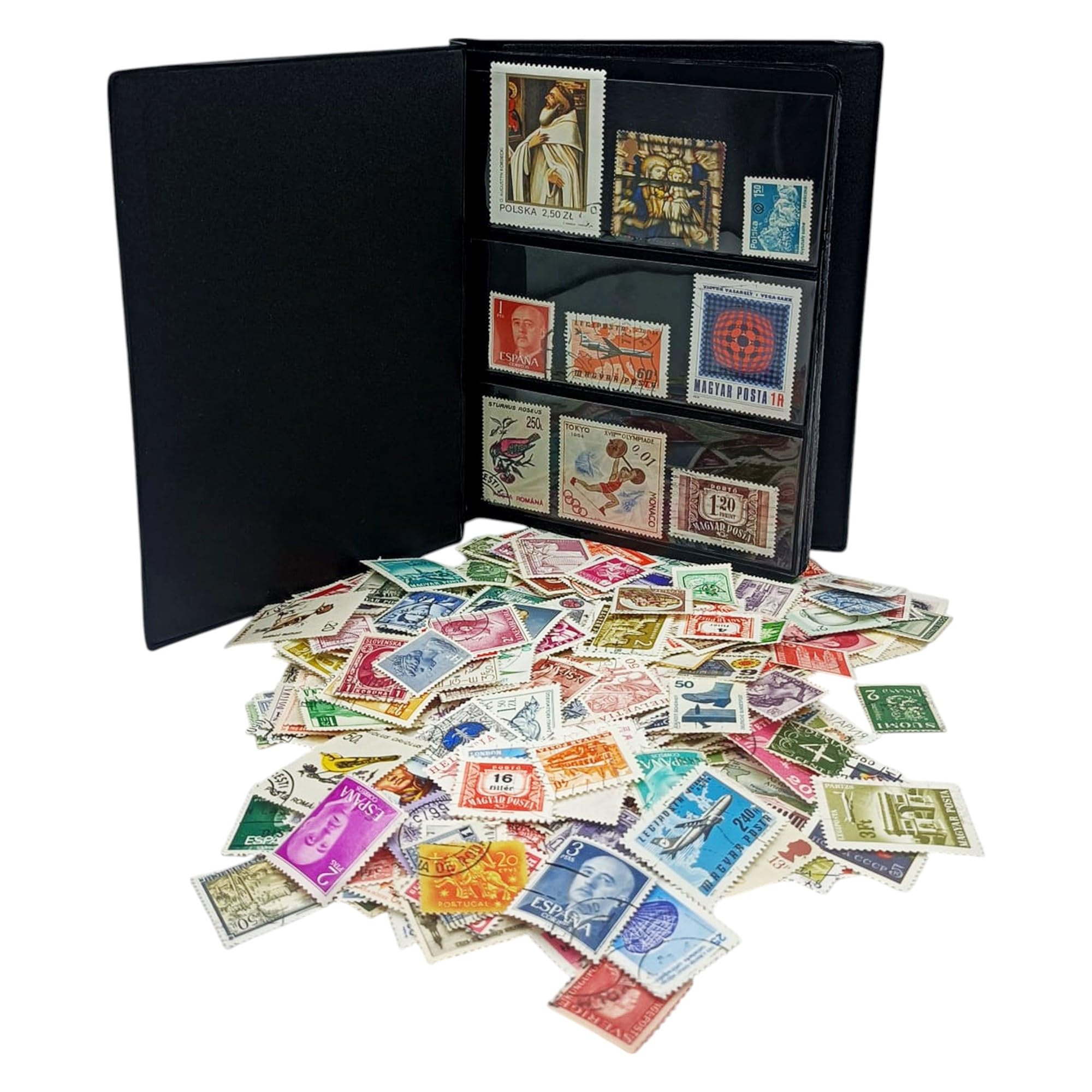 IMPACTO COLECCIONABLES - 500 European Stamps Collection with Included Album (5.5 x 7 x 0.4 in), Black