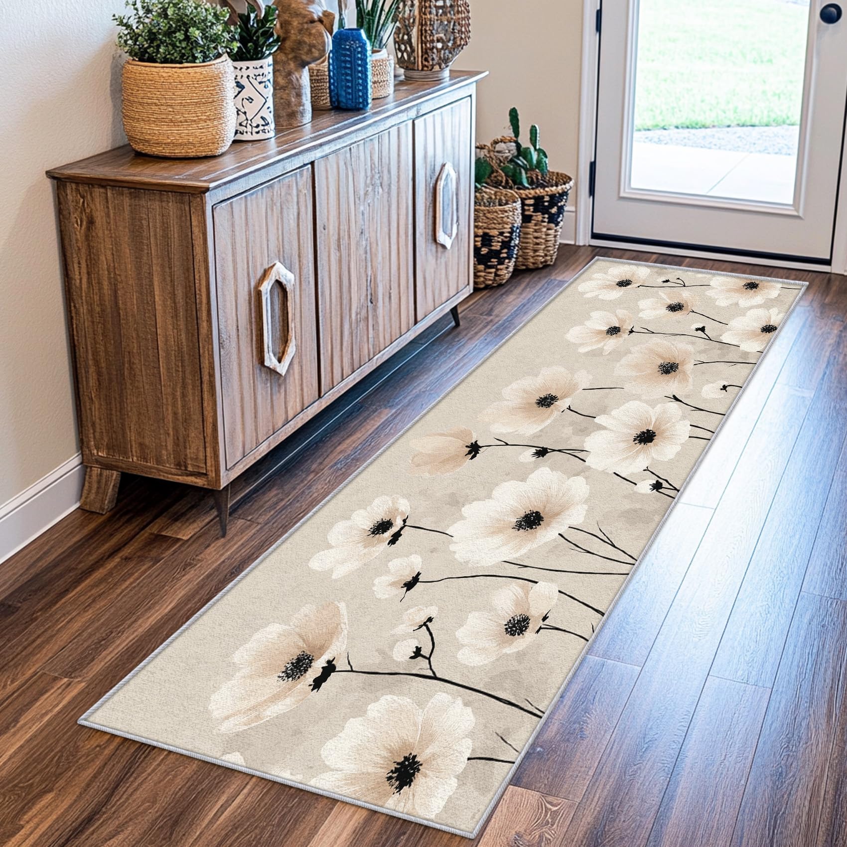 Poppy Runner Rug for Hallway, 2x5 - Washable White Flower Carpet Runner, Poppy Decor for Bedroom Kitchen Laundry Entryway, Non Slip Rubber Backing