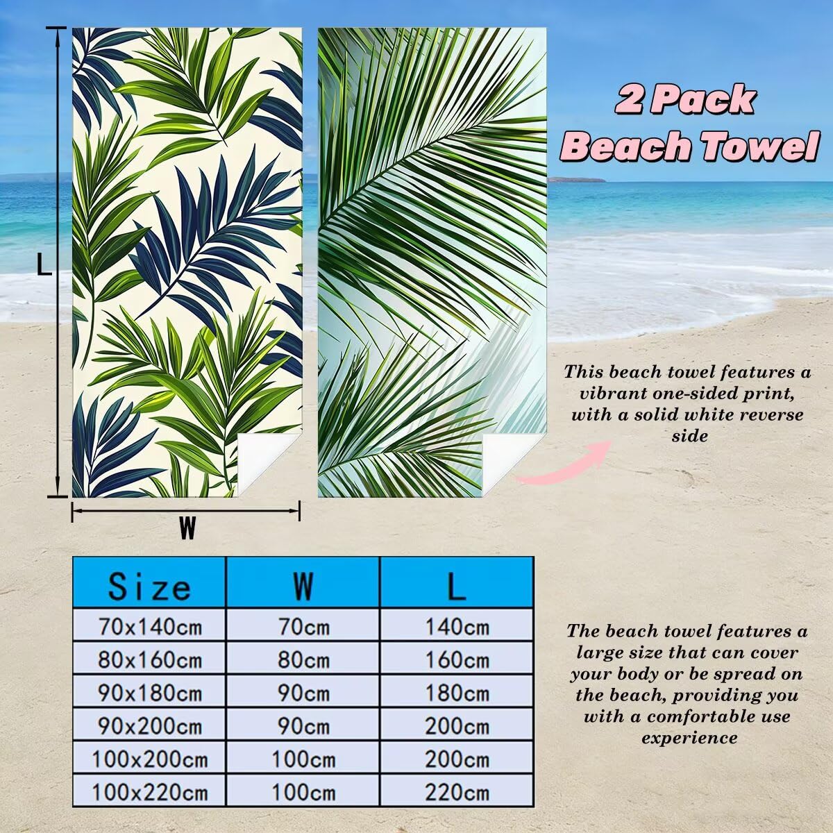 Toalla Playa 100x220 cm, Toalla Gimnasio Microfibra Secado Rapido, Juego de 2 Antiarena Toallas de Playa, Ligera Compacta Toallas Microfibra Grande para Viaje, Regalo Hombre Regalo Mujer (Hoja) -5003