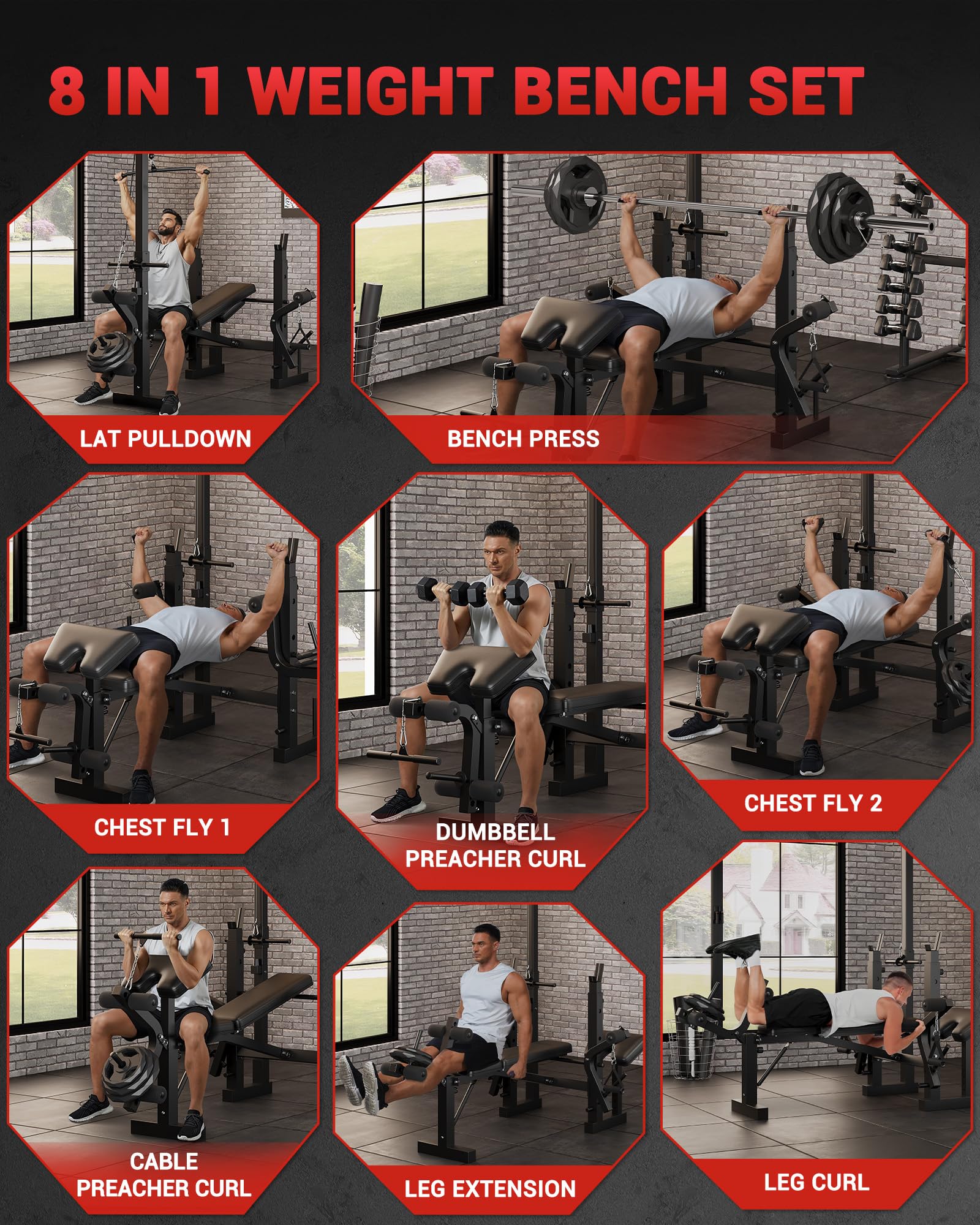 8-in-1 Weight Bench Set for Home Gym, Foldable Workout Benchs | With Preacher Curl Pad, LAT Pulldown and Leg Extension Leg Curl, Bench Press for Full Body Exercise