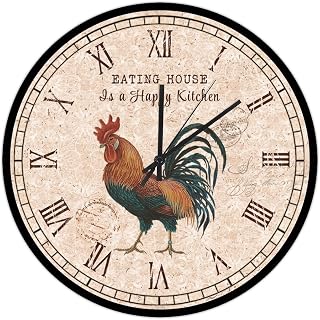 Vintage Farm Rooster Wall Clock 10in Eating House is A Happy Kitchen Wooden Wall Clock Quartz Analog Country Style Holiday Party Gift Vintage Popular Wall Decor for Mantel Bedroom Restaurant Garage