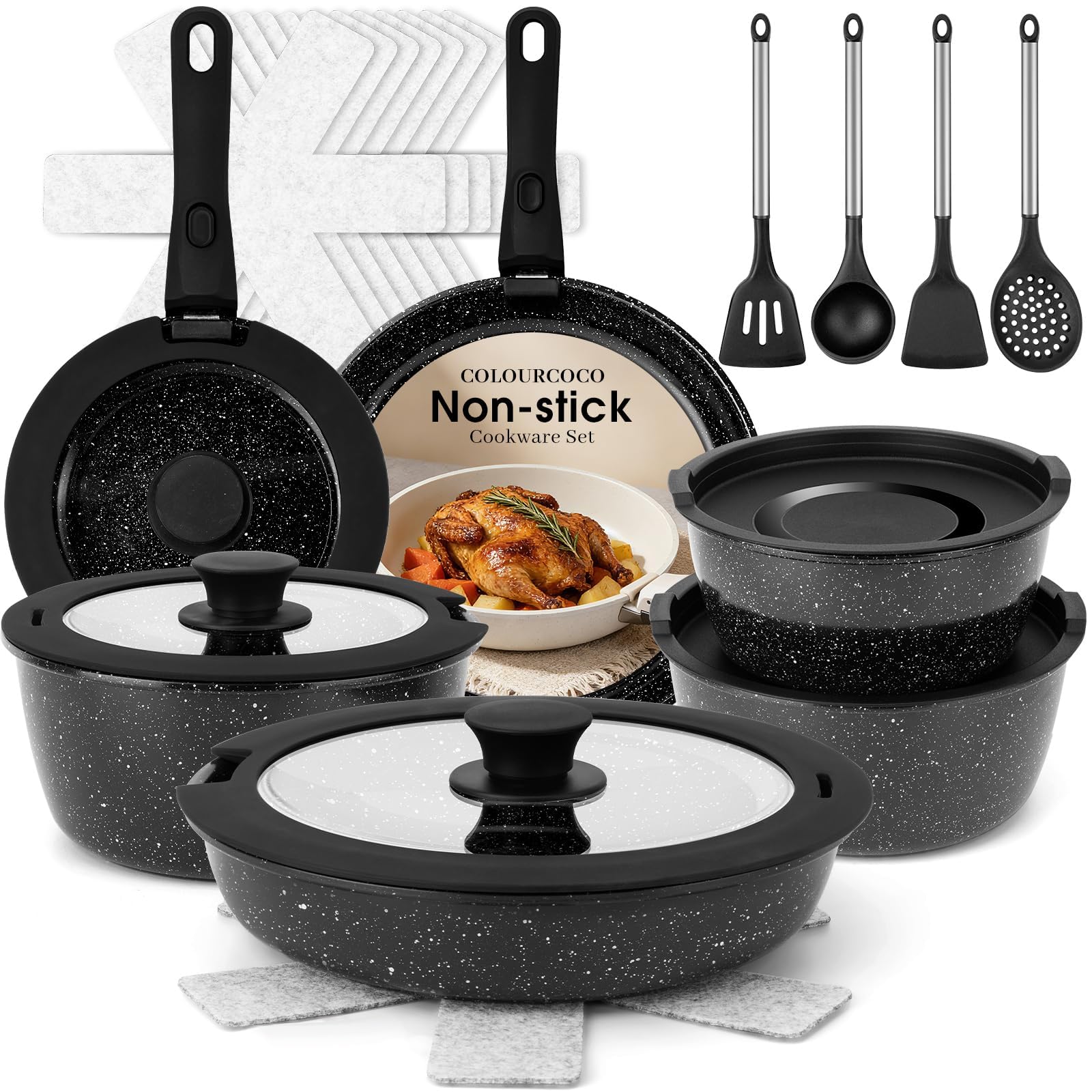 Set Pentole 25 Pezzi Induzione – Rivestimento Antiaderente Con Manico Rimovibile, Resistente Al Forno E Adatto A Tutti I Piani Cottura – Ideale Per Casa, Campeggio E Picnic (Nero)