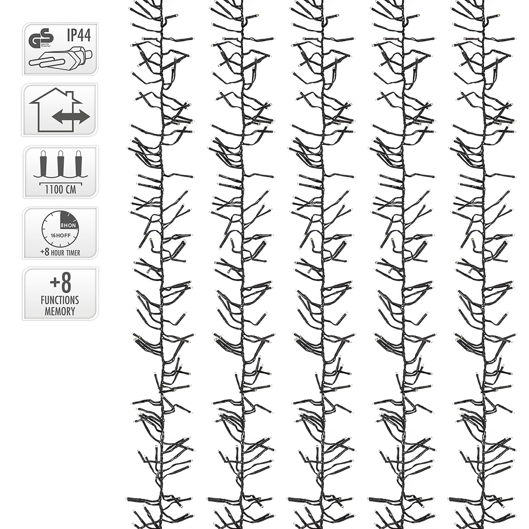 ECD Germany Catena Luminosa Grappolo 11 m 1512 LED Bianco Caldo con Timer e 8 Modalità di Illuminazione Alimentazione a Rete IP44 Luci Cluster per Albero Natale Interni/Esterni Lucine Decorative Patio