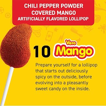 Vero Mango Flavored Lollipops Coated with Chili Powder 10 Count Bag (Net Wt. 5.6 Ounces) - Individually Wrapped Mexican Candy for Pinatas, Halloween, and More.