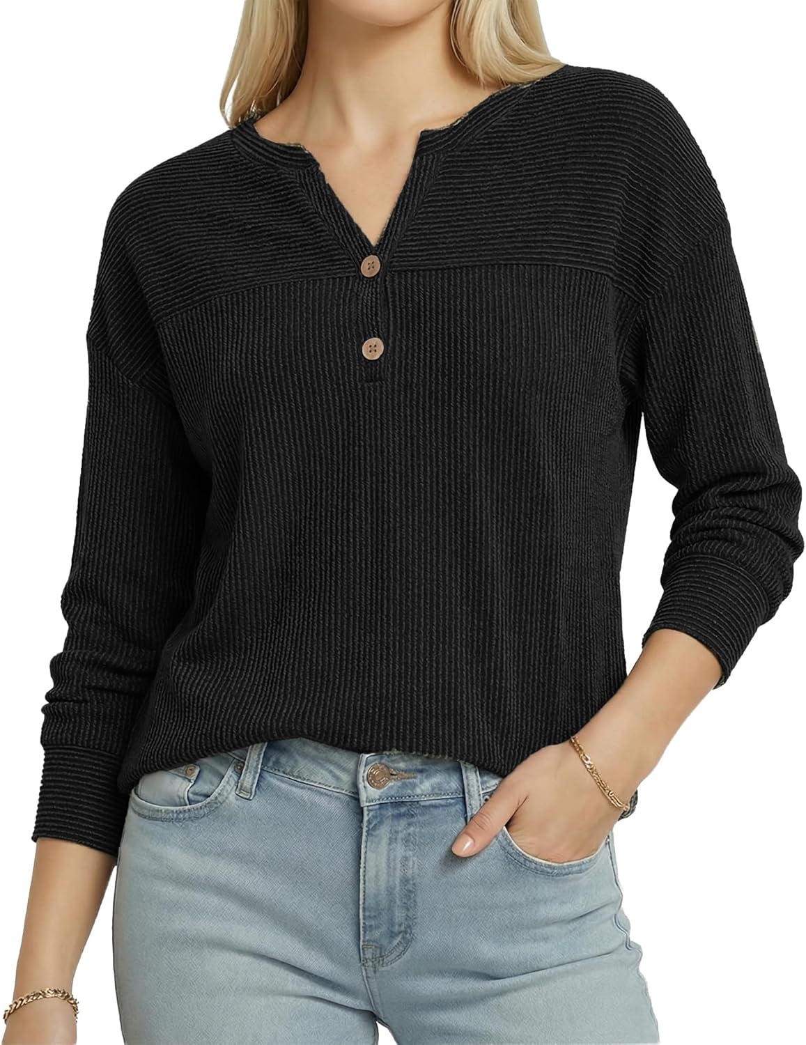 MANGOPOP Tunic Tops for Women Loose Fit Dressy - Ribbed Henley V-Neck, Soft Smart Casual Top Work Weekends