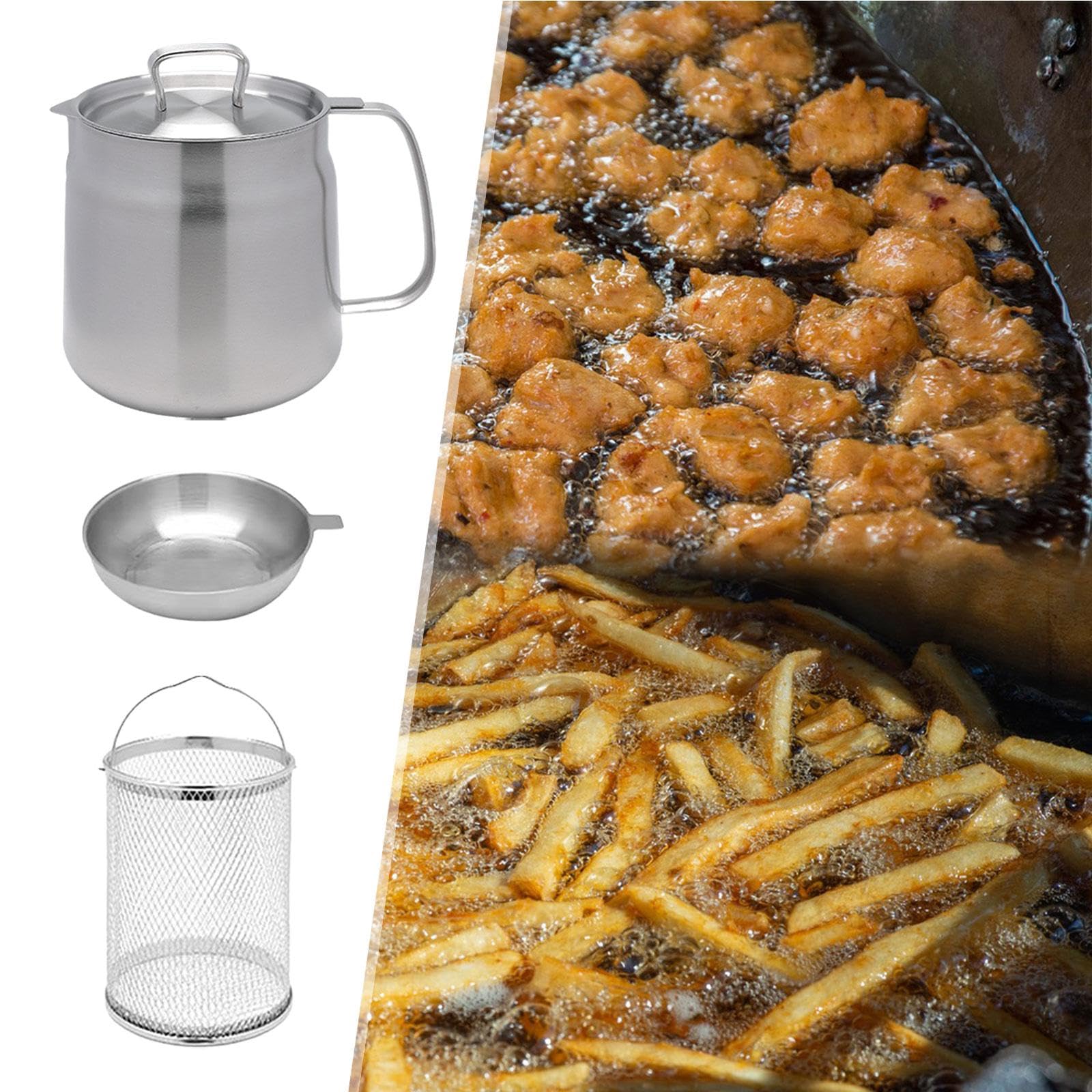 Freidora Fondo Profundo Olla Cesta Acero Inoxidable Cocina Filtro Aceite Calentador Práctica Ideal para Hogar Restaurante Camping Fiesta Picnic, 1.5L, Individual