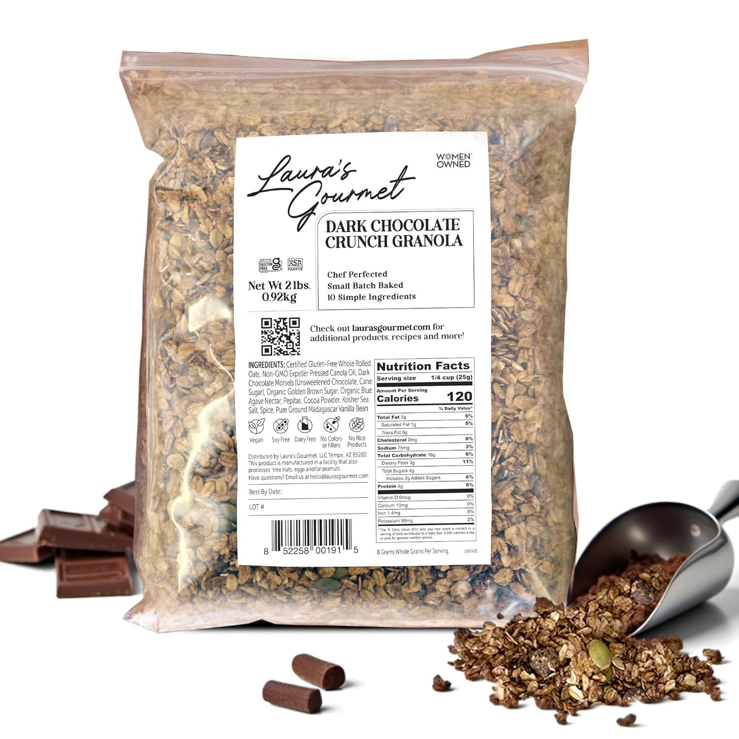 Laura's Gourmet Granola Dark Chocolate Crunch, 2 lb, Gluten-Free Oats, Vegan, Dairy & Soy Free Snack, Organic Agave, Bittersweet Chocolate & Cocoa, Artisan, Breakfast Cereal, Non-GMO, Natural