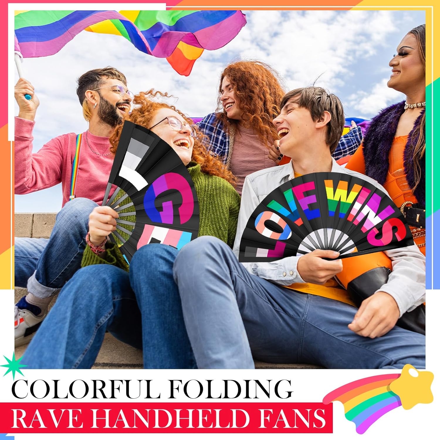 12 Pcs Large Pride Rainbow Hand Rave Fan Colorful Gay Hand Stuff Pride Accessories Foldable Rave Fan for LGBTQIA+ Women Men for Parade Rainbow Wedding Party Decors (Classic Style)
