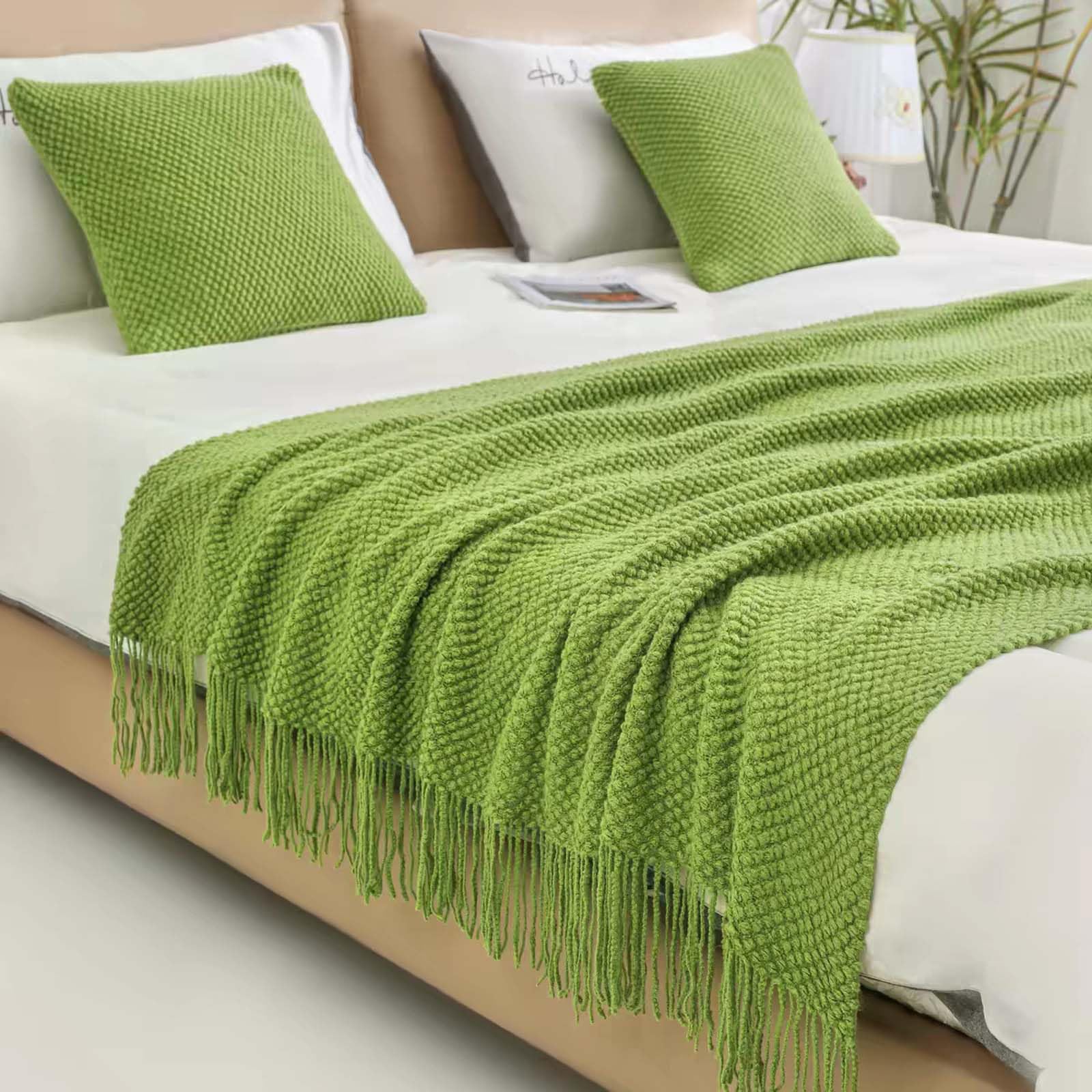 Jnkiquii Bed Runner Scarf Set Acrylic Corn Kernel Knit Tassel Foot Throw With 40 * 40cm Cushion Covers and Inserts Solid Decor for Twin Queen King Bedroom Hotel Homestay