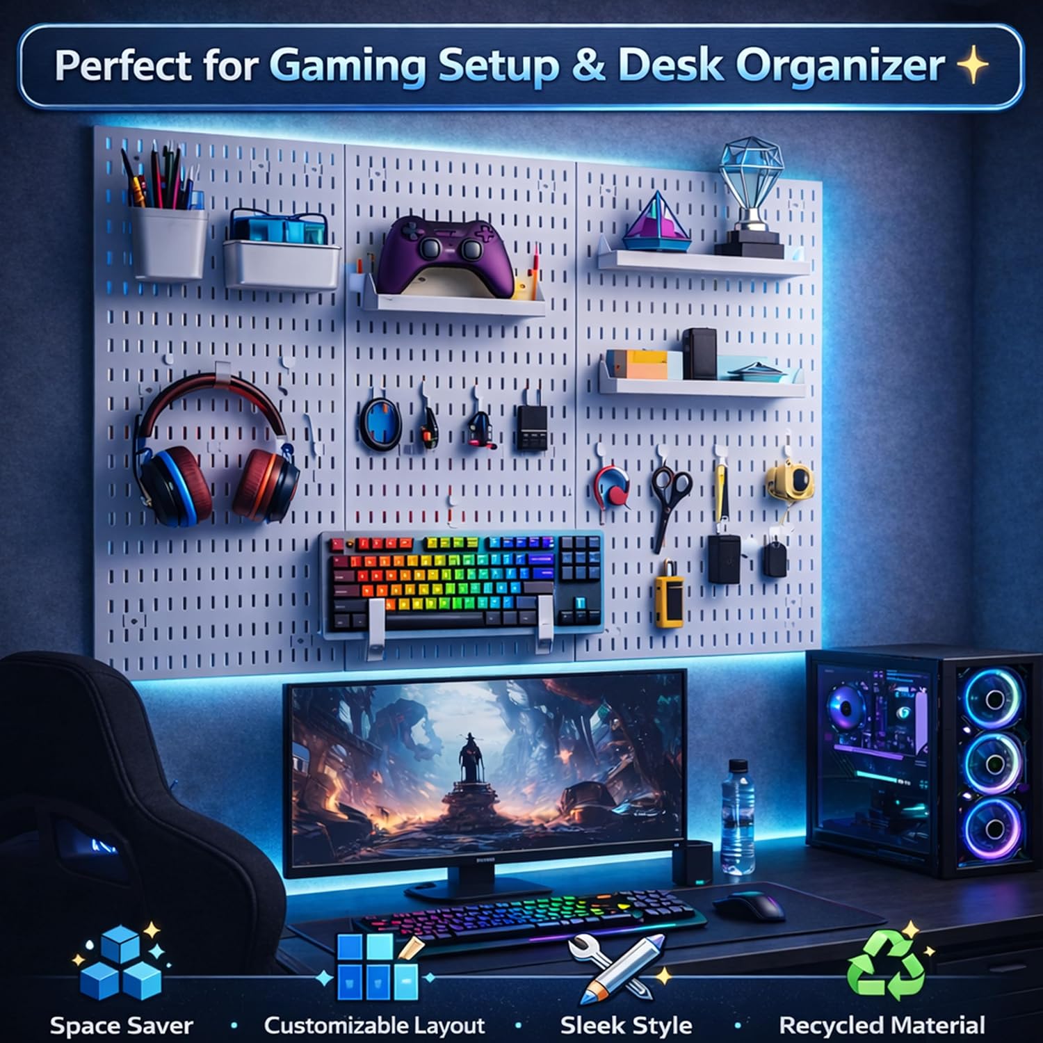 Peg Board, 24"x36" Pegboard Wall Organizer, Includes 6PCS White Peg Boards and Accessories, Plastic Peg Board Panels for Craft Room, Office, Kitchen, Gaming Room