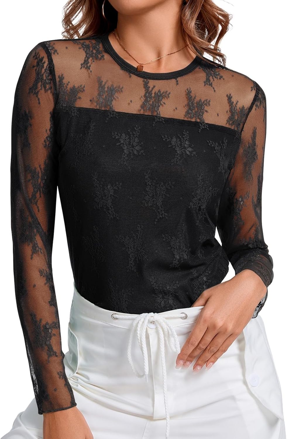 AKEWEI Womens Sexy Sheer Mesh Long Sleeve Tops Crew Neck Double Layered Tee Shirts Going Out Party Club Night Lace Blouse